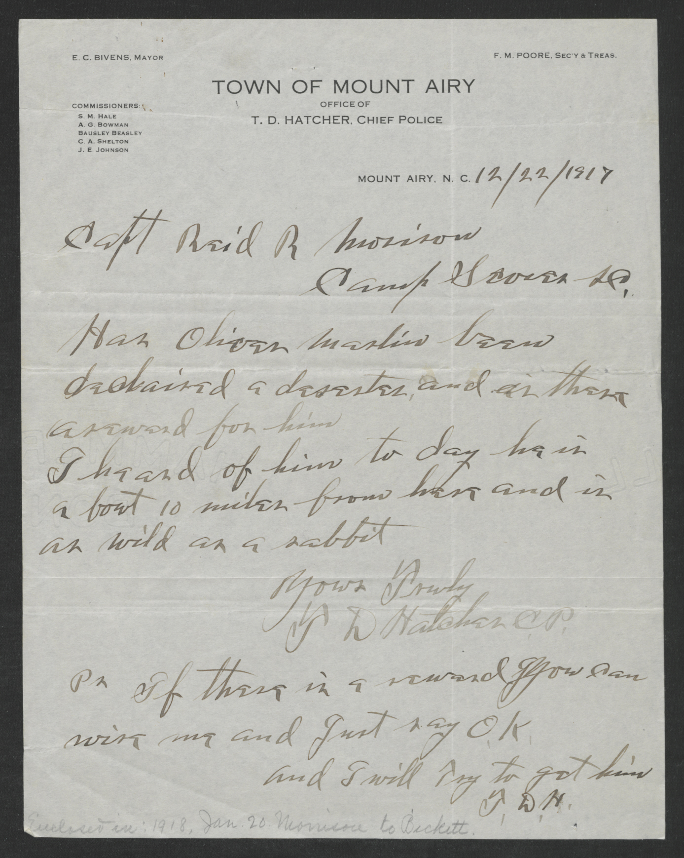 Letter from Thomas D. Hatcher to Reid R. Morrison, December 22, 1917