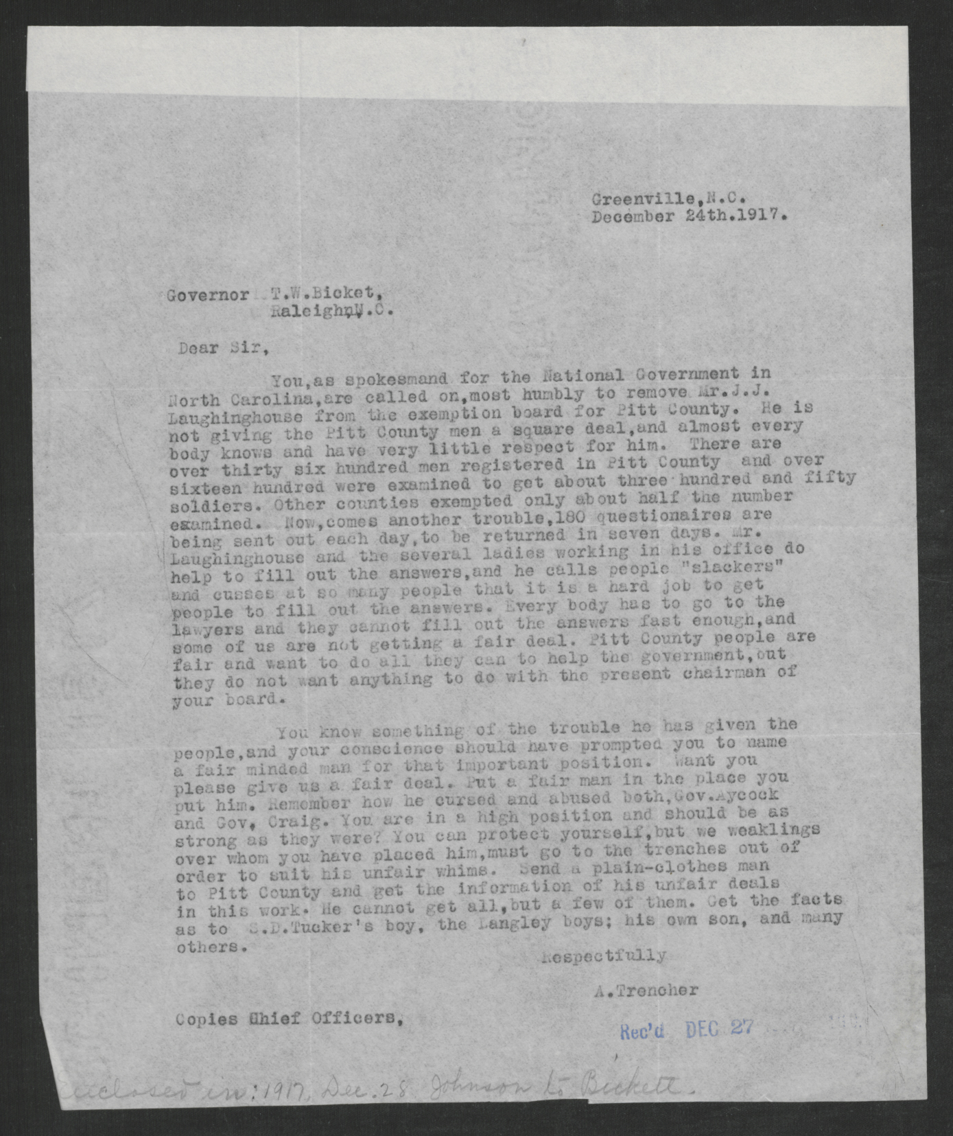Letter from A. Trencher to Thomas W. Bickett, December 24, 1917