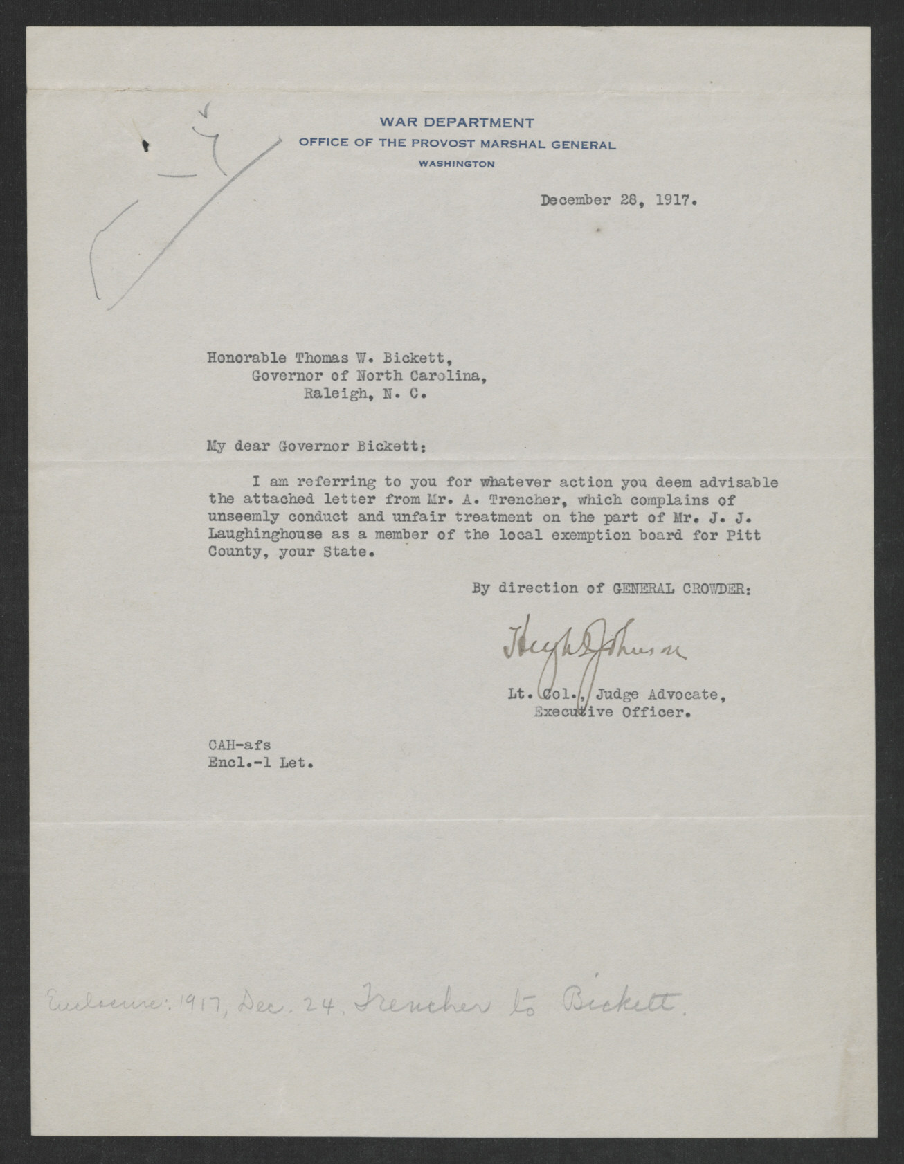 Letter from Hugh S. Johnson to Thomas W. Bickett, December 28, 1917