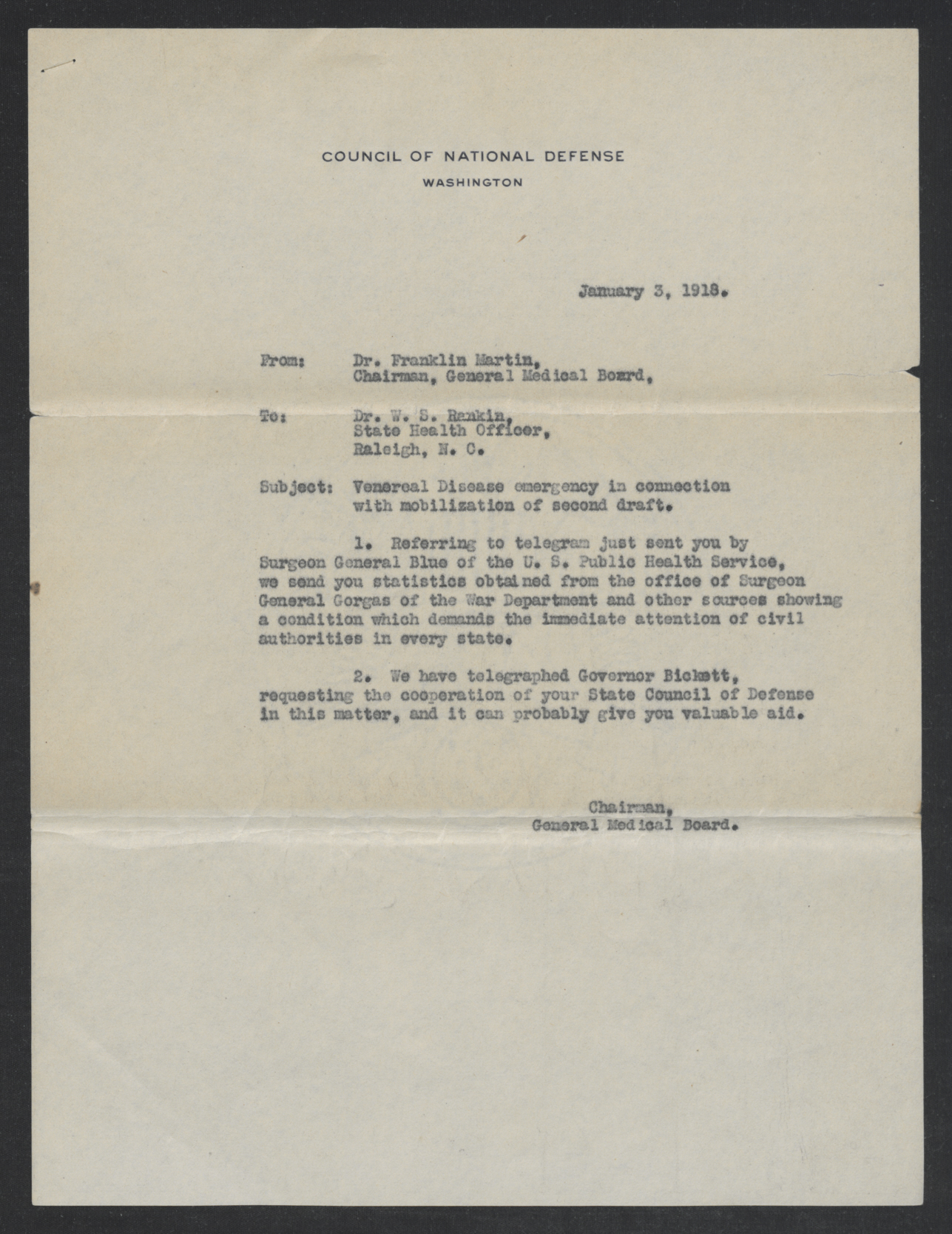 Letter from Franklin H. Martin to Watson S. Rankin, January 3, 1918