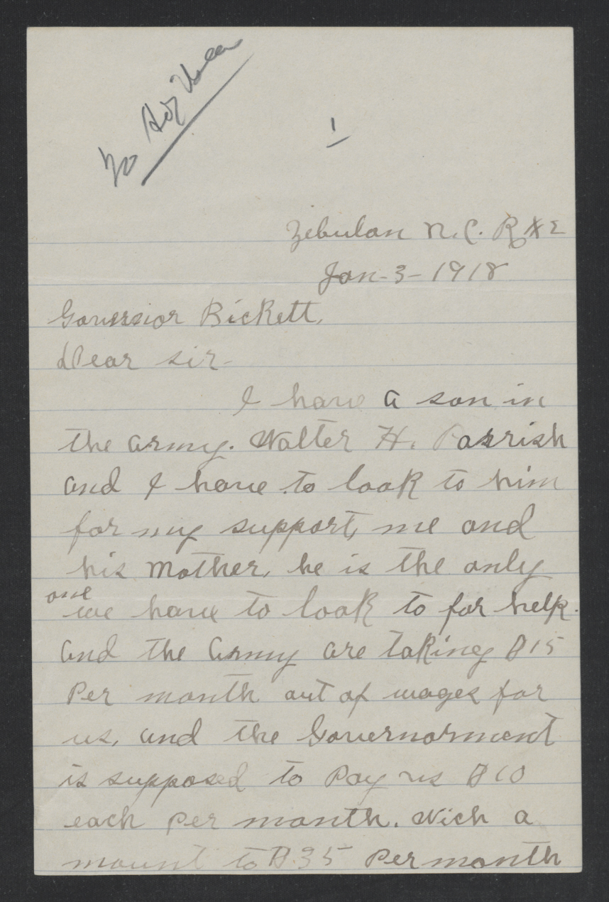 Letter from Levi E. Parrish to Thomas W. Bickett, January 3, 1918, page 1