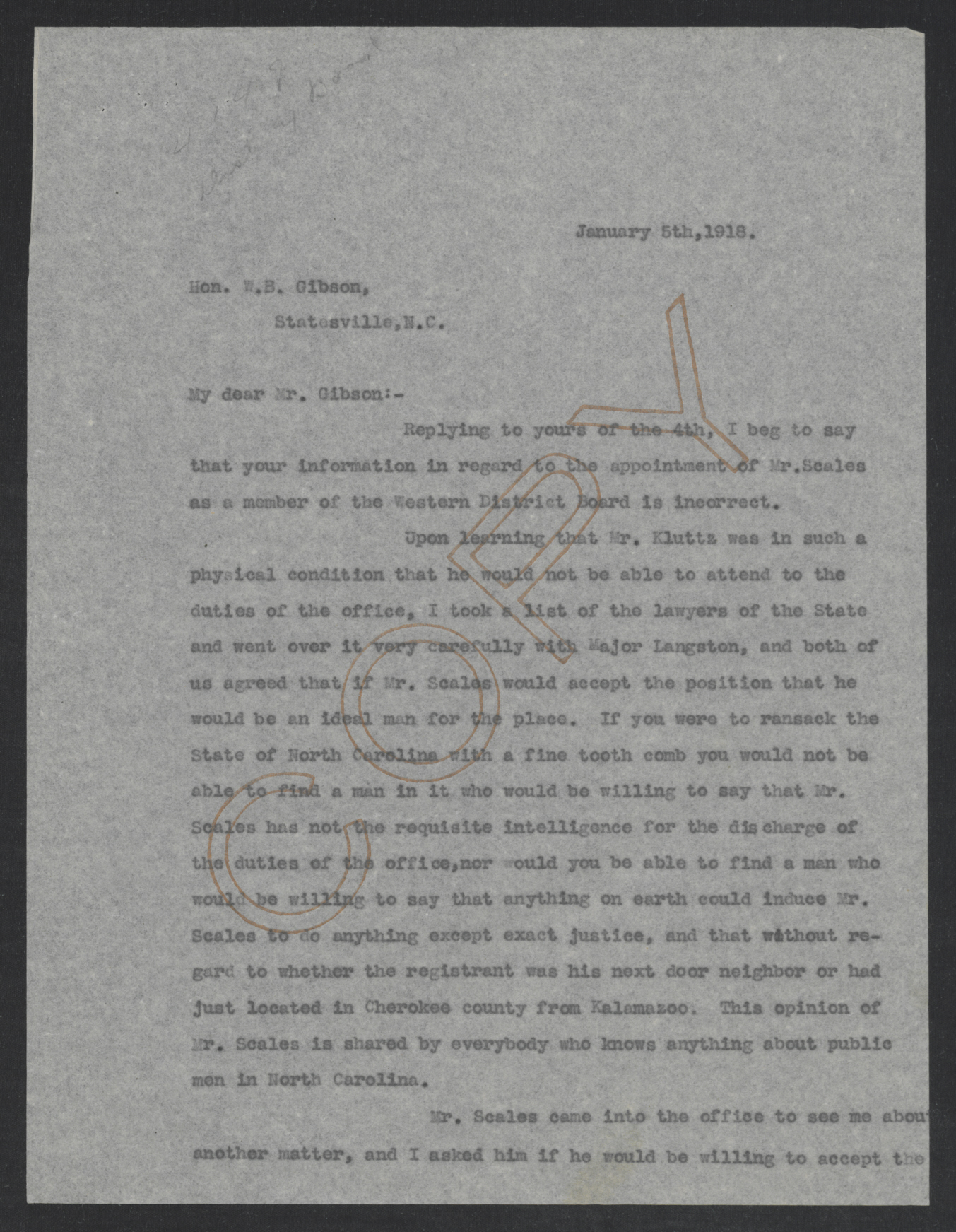 Letter from Thomas W. Bickett to William B. Gibson, January 5, 1918, page 1