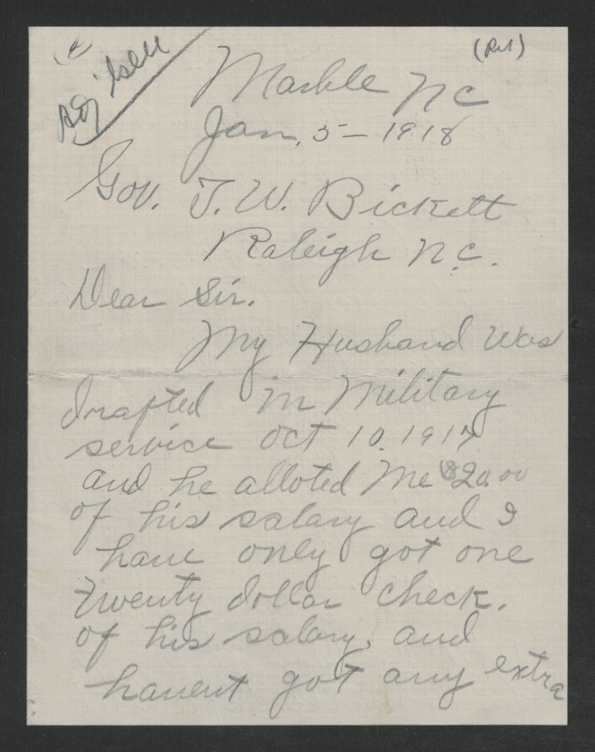 Letter from Minnie A. B. Rowland to Thomas W. Bickett, January 5, 1918, page 1