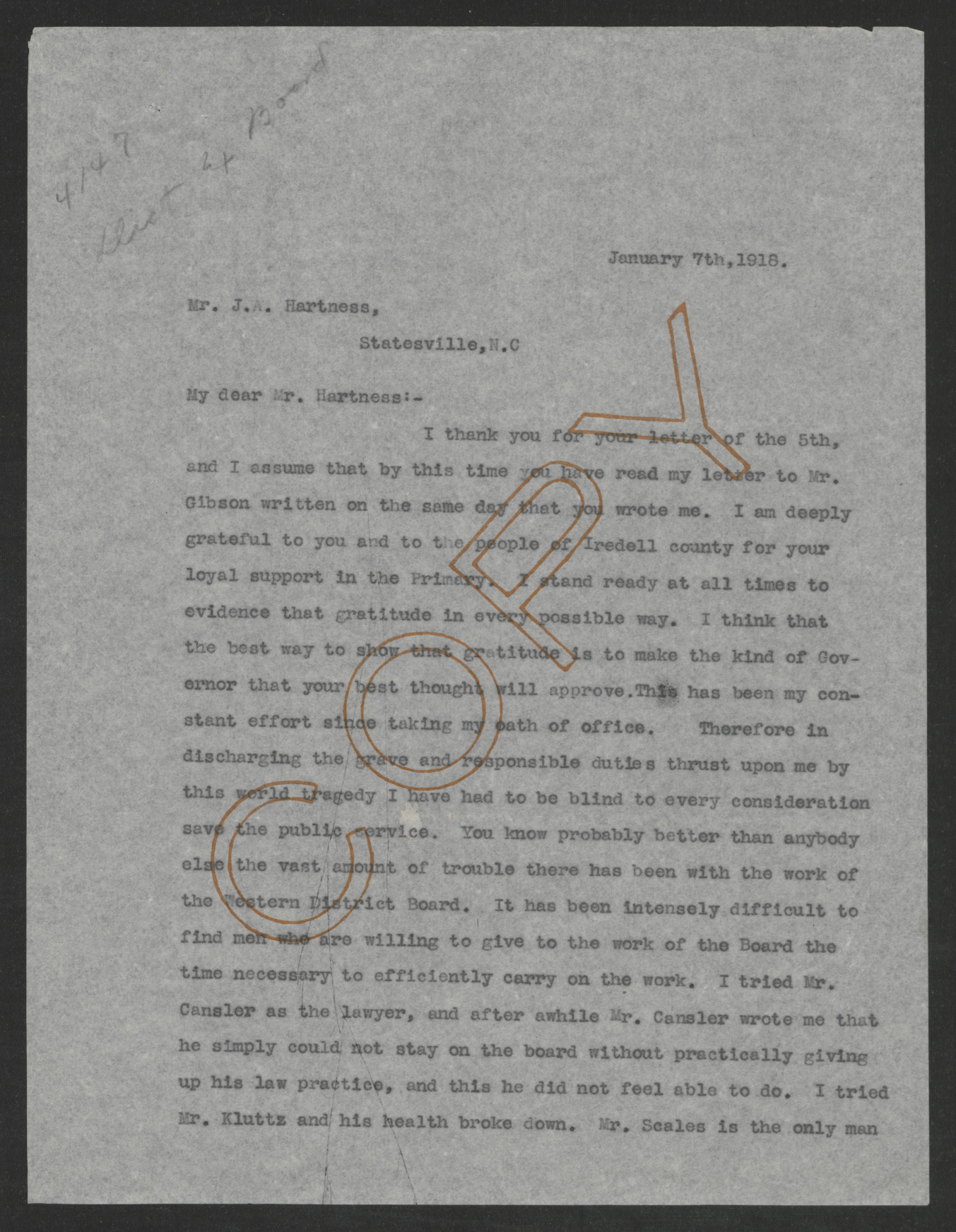 Letter from Thomas W. Bickett to James A. Hartness, January 7, 1918, page 1