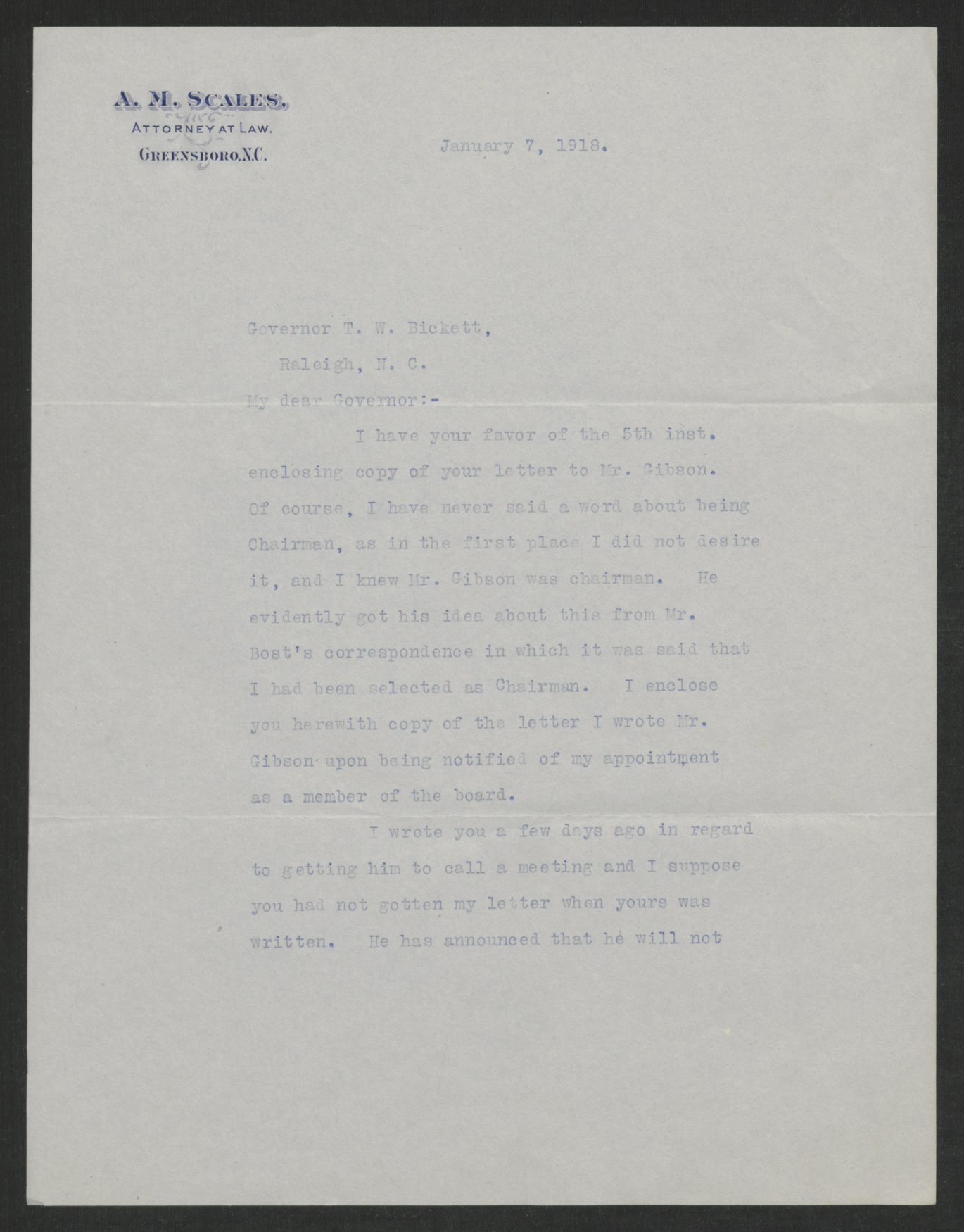 Letter from Alfred M. Scales to Thomas W. Bickett, January 7, 1918, page 1