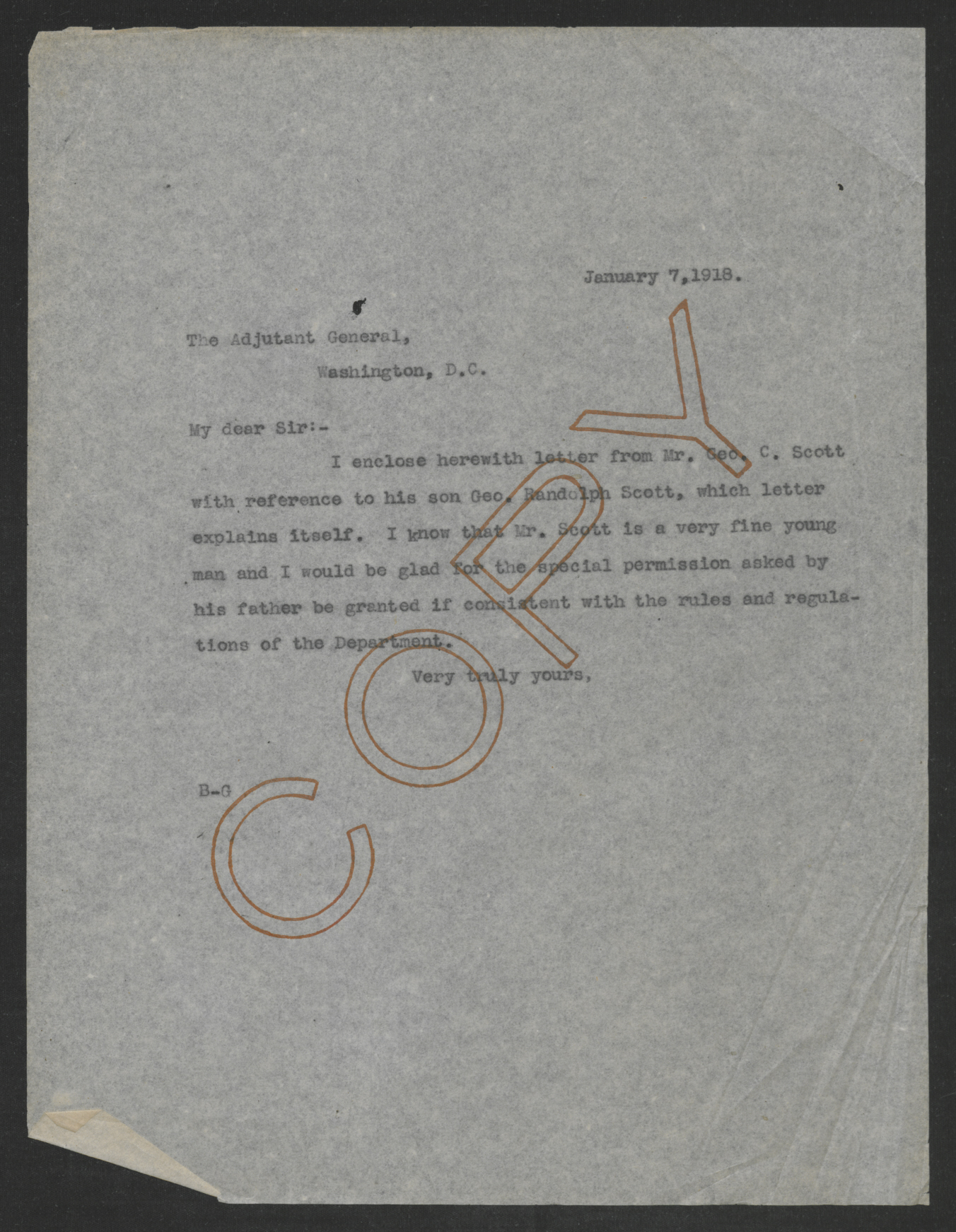 Letter from Thomas W. Bickett to the Adjutant General, January 7, 1918