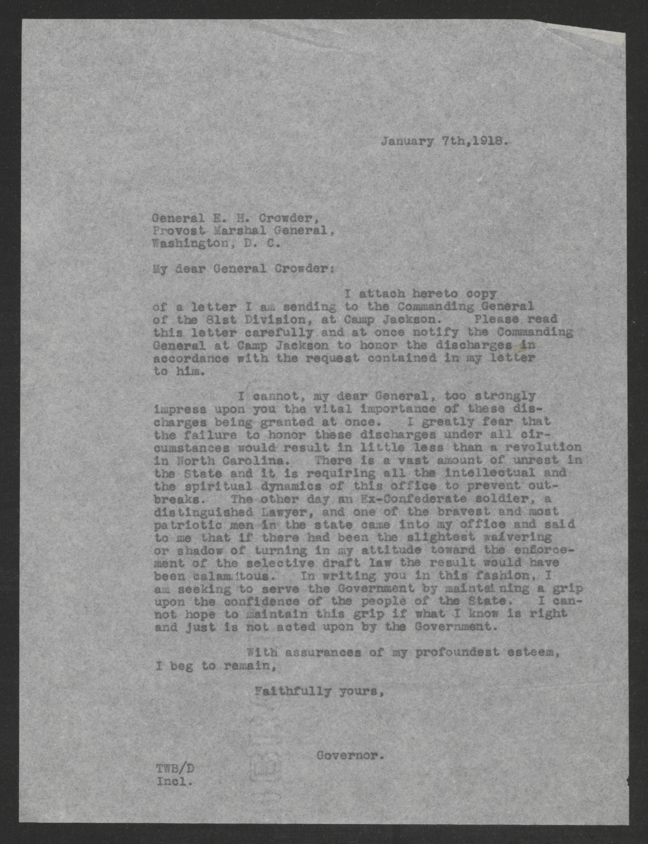 Letter from Thomas W. Bickett to Enoch H. Crowder, January 7, 1918