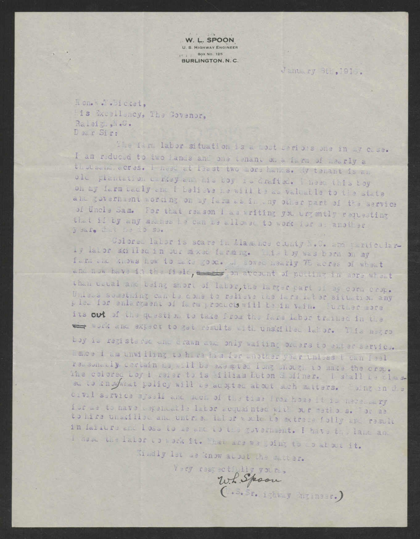 Letter from William L. Spoon to Thomas W. Bickett, January 8, 1918