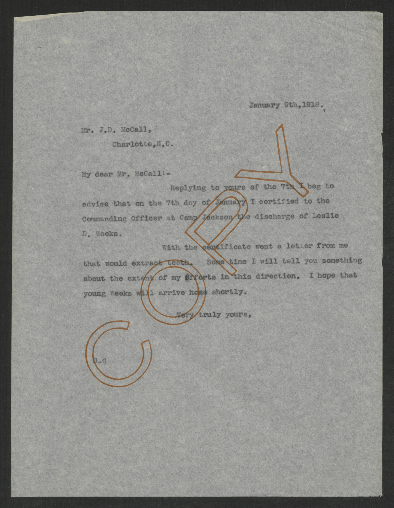 Letter from Thomas W. Bickett to Johnston D. McCall, January 9, 1918