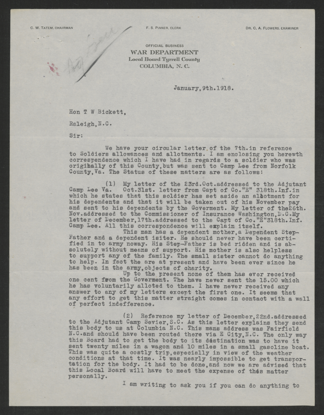 Letter from Charles W. Tatem to Thomas W. Bickett, January 9, 1918, page 1