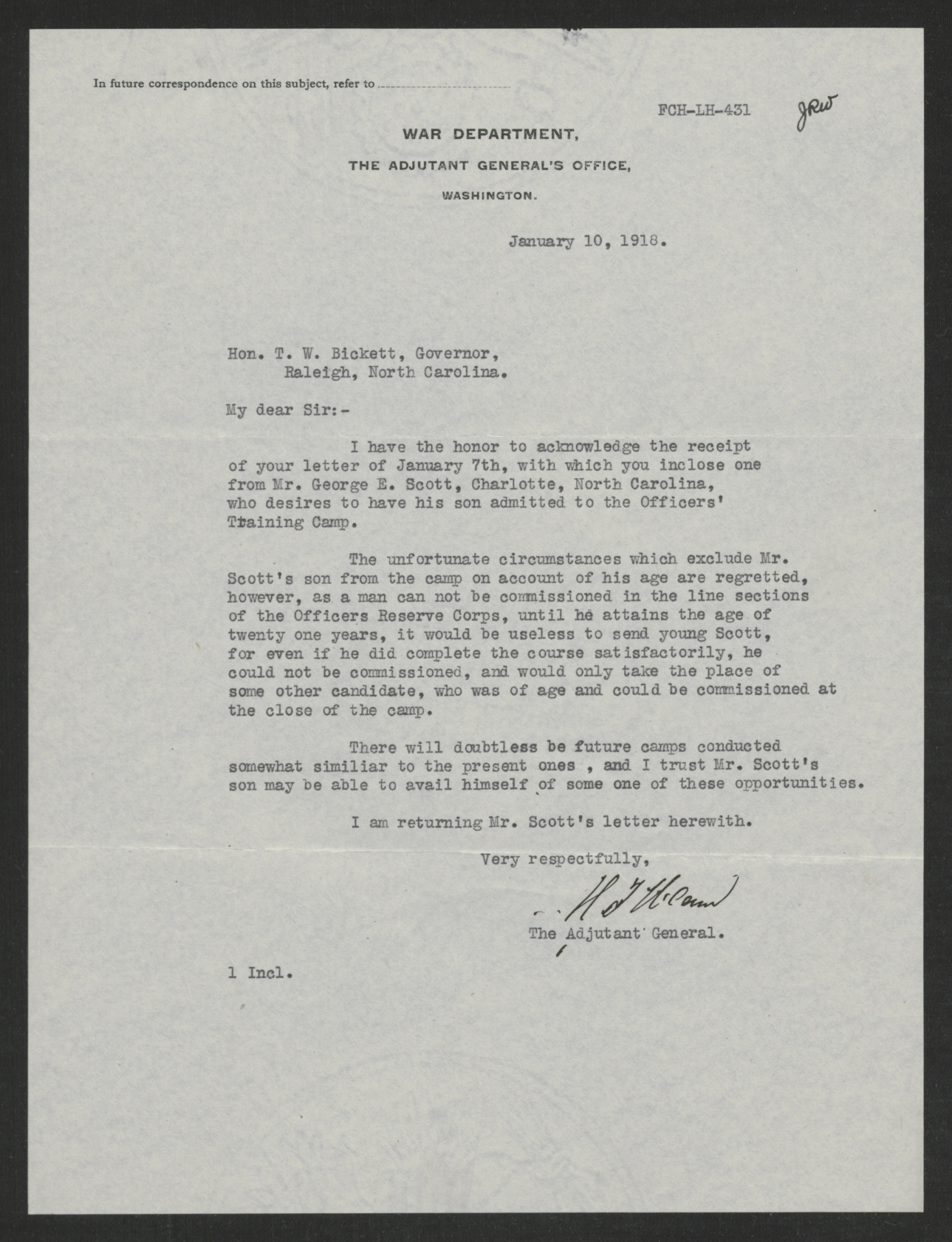 Letter from Henry P. McCain to Thomas W. Bickett, January 10, 1918