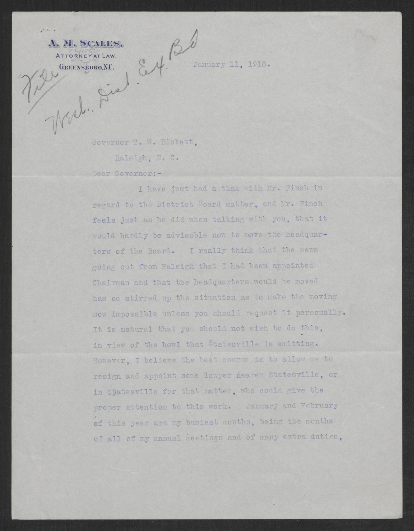 Letter from Alfred M. Scales to Thomas W. Bickett, January 11, 1918, page 1