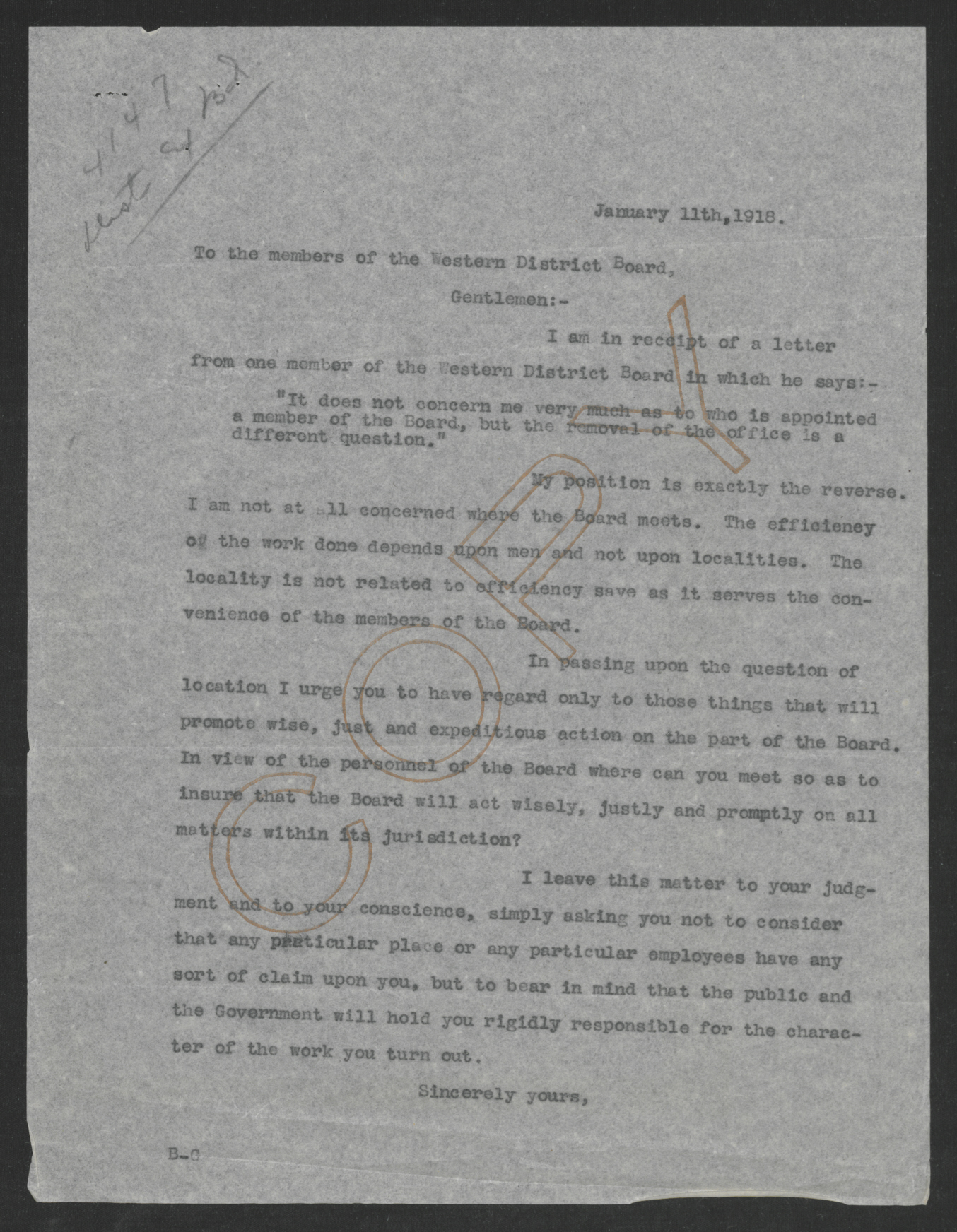 Letter from Thomas W. Bickett to the Members of the Western District Board, January 11, 1918