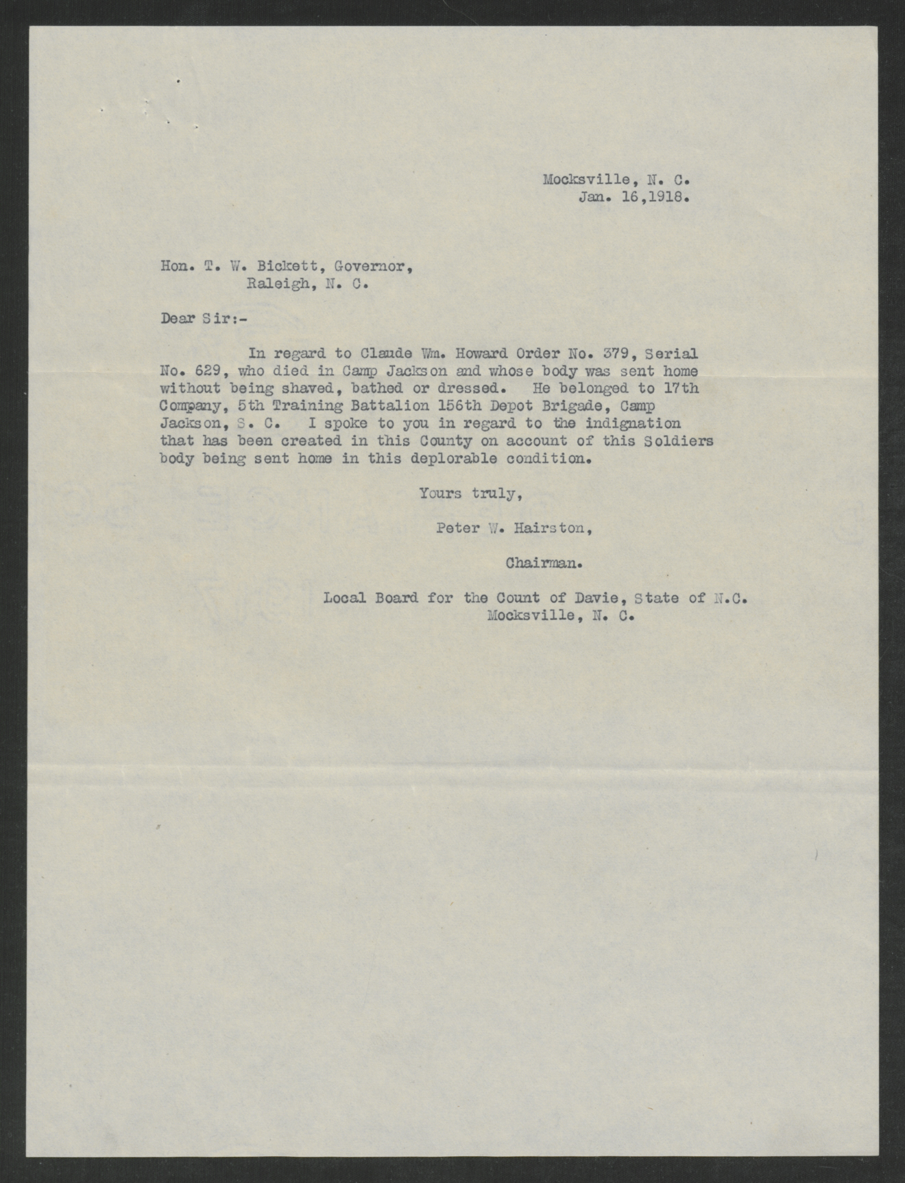 Letter from Peter W. Hairston to Thomas W. Bickett, January 16, 1918