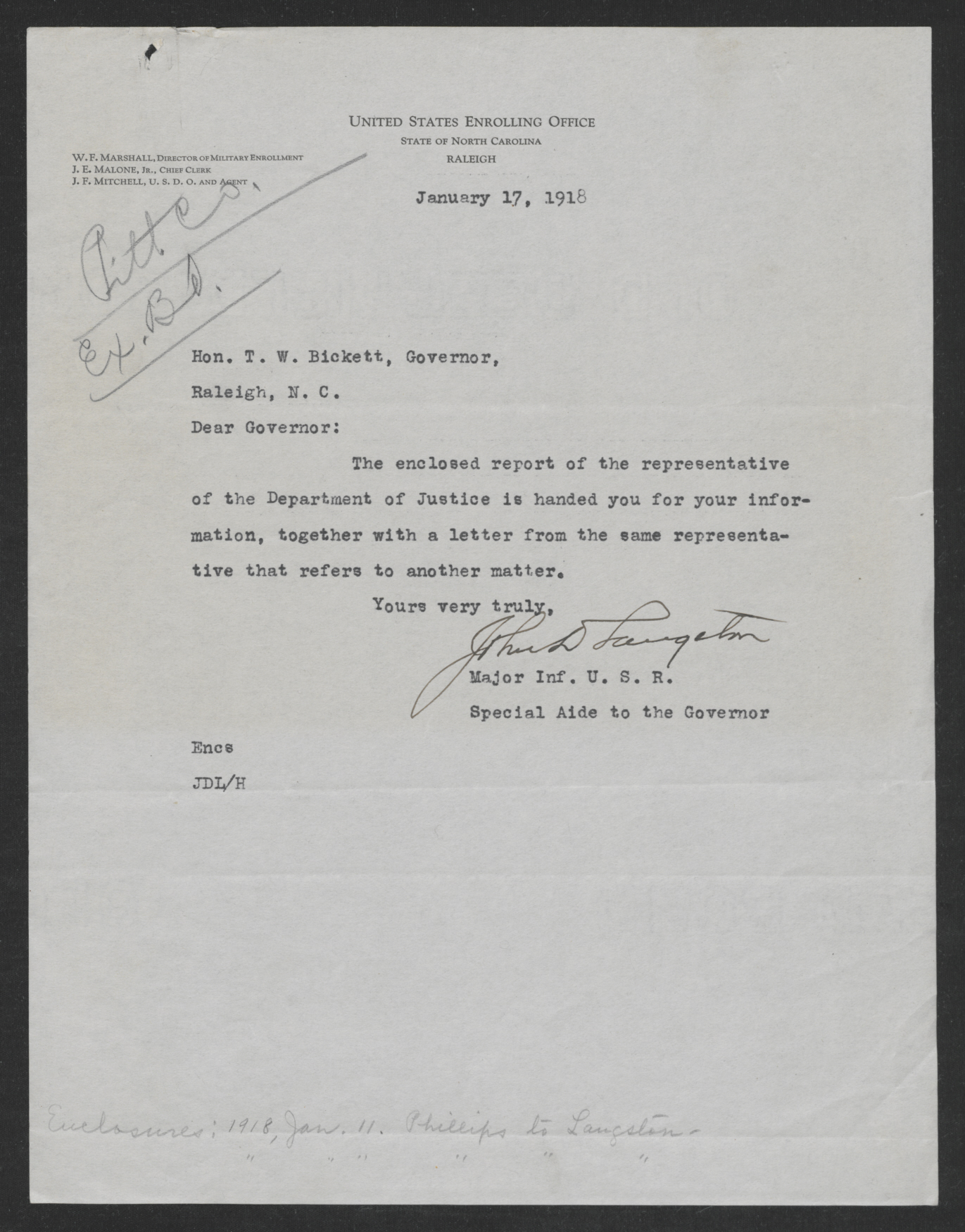 Letter from John D. Langston to Thomas W. Bickett, January 17, 1918
