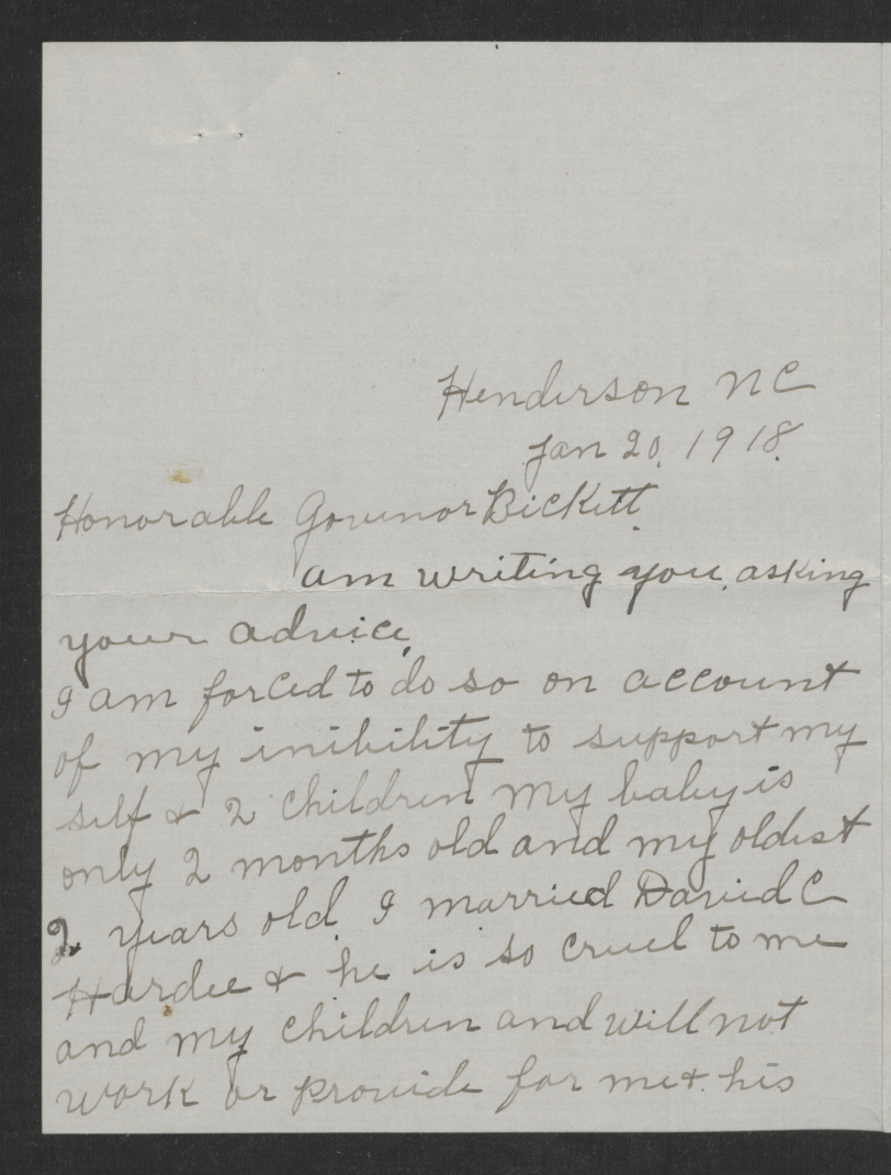Letter from Mrs. David C. Hardee to Thomas W. Bickett, January 20, 1918, page 1