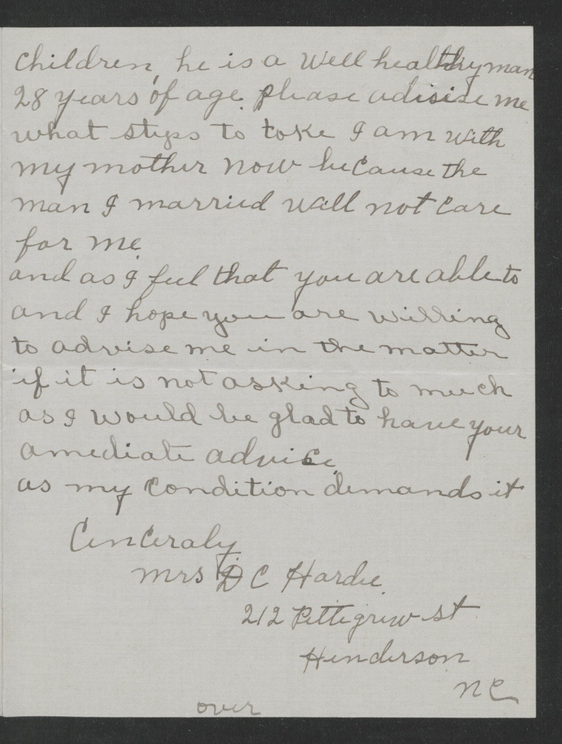 Letter from Mrs. David C. Hardee to Thomas W. Bickett, January 20, 1918, page 2