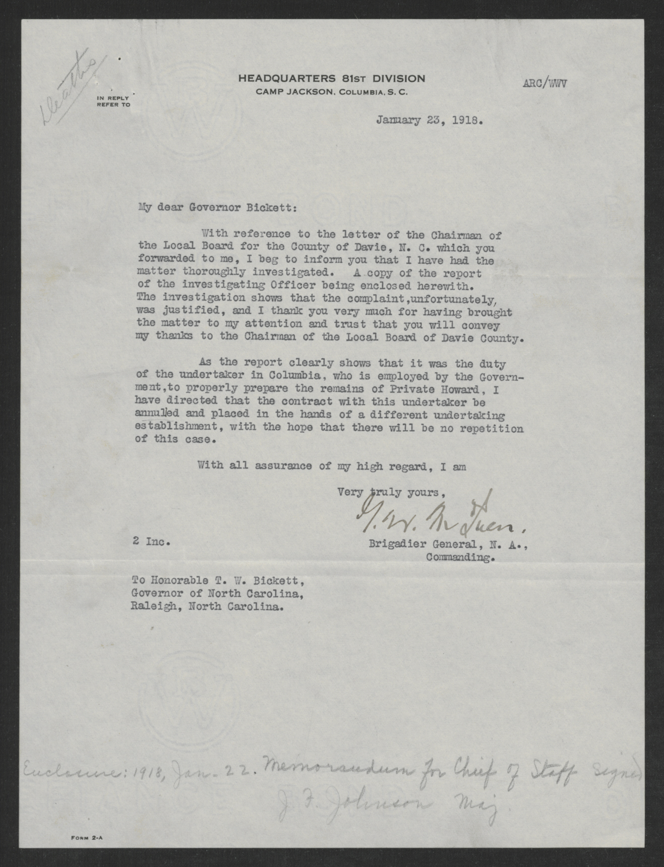 Letter from George W. McIver to Thomas W. Bickett, January 23, 1918