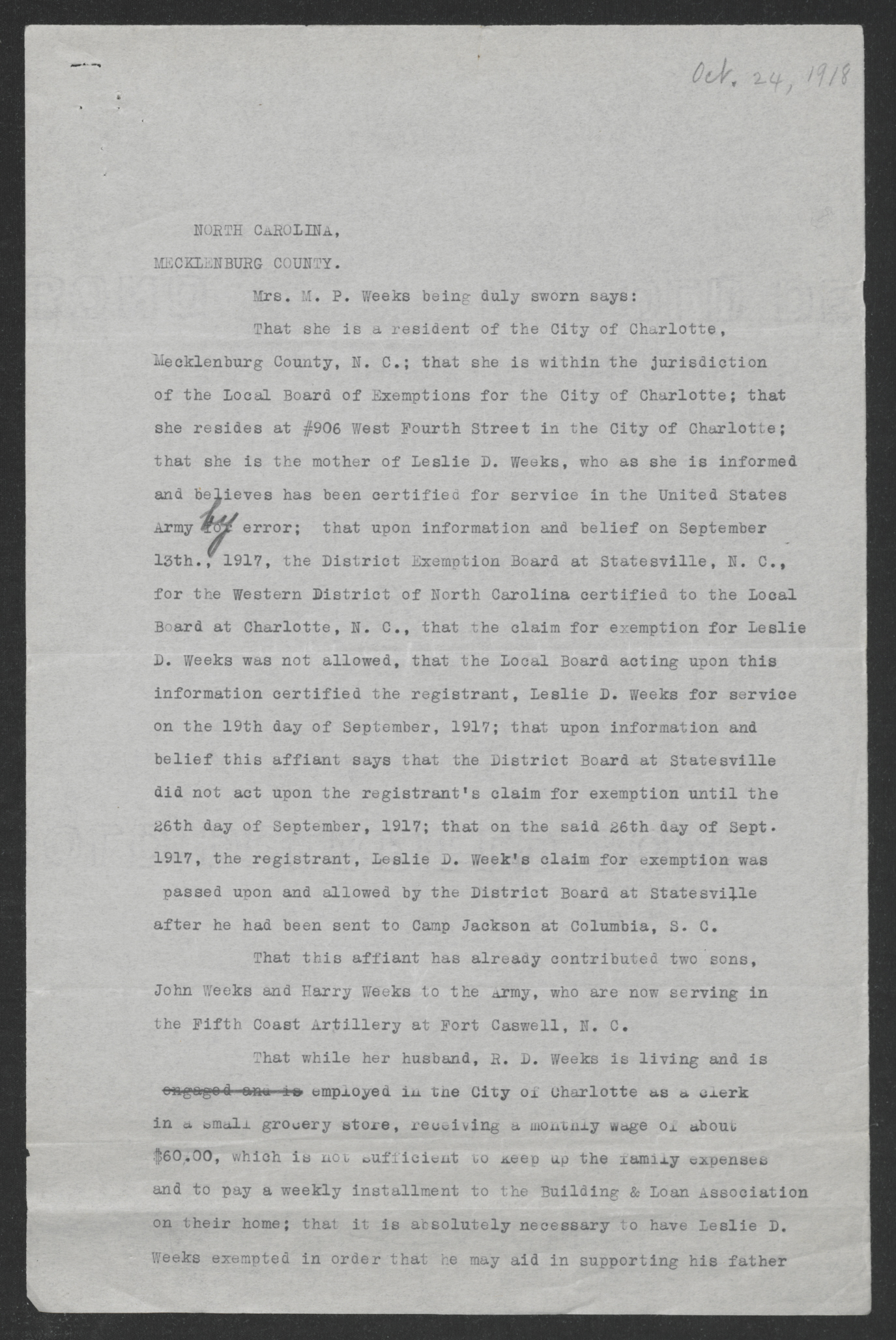 Affidavit of Mary P. D. Weeks, October 24, 1917, page 1