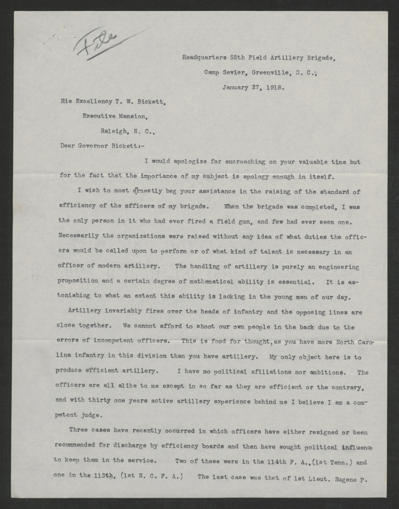 Letter from George G. Gatley to Thomas W. Bickett, January 27, 1918, page 1