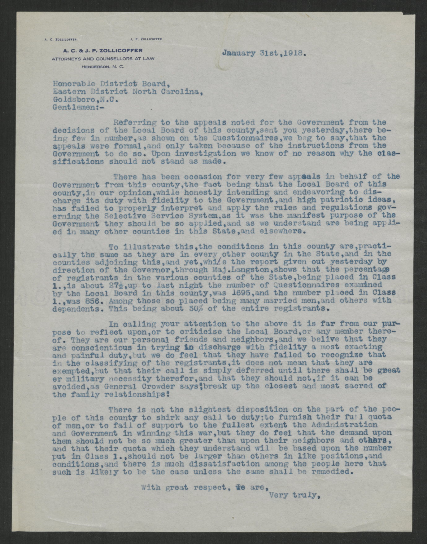 Letter from an Unknown Author to the Eastern District Exemption Board, January 31, 1918