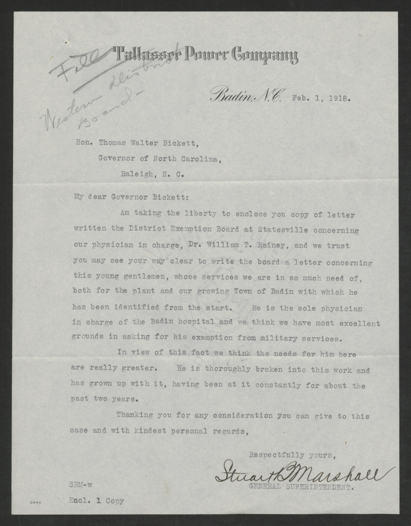 Letter from Stuart B. Marshall to Thomas W. Bickett, February 1, 1918