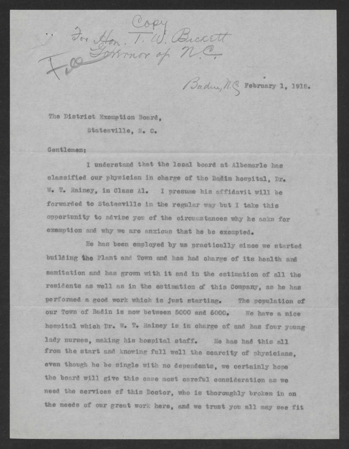 Letter from Stuart B. Marshall to the Western District Exemption Board, February 1, 1918, page 1