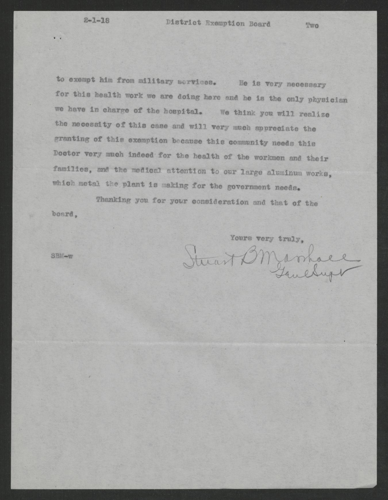 Letter from Stuart B. Marshall to the Western District Exemption Board, February 1, 1918, page 2