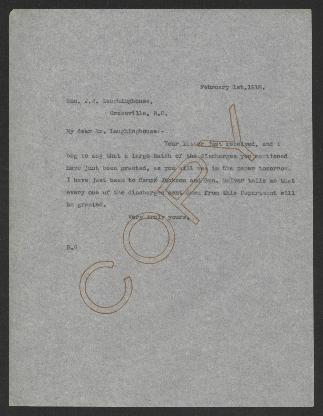 Letter from Thomas W. Bickett to Joseph J. Laughinghouse, February 1, 1918