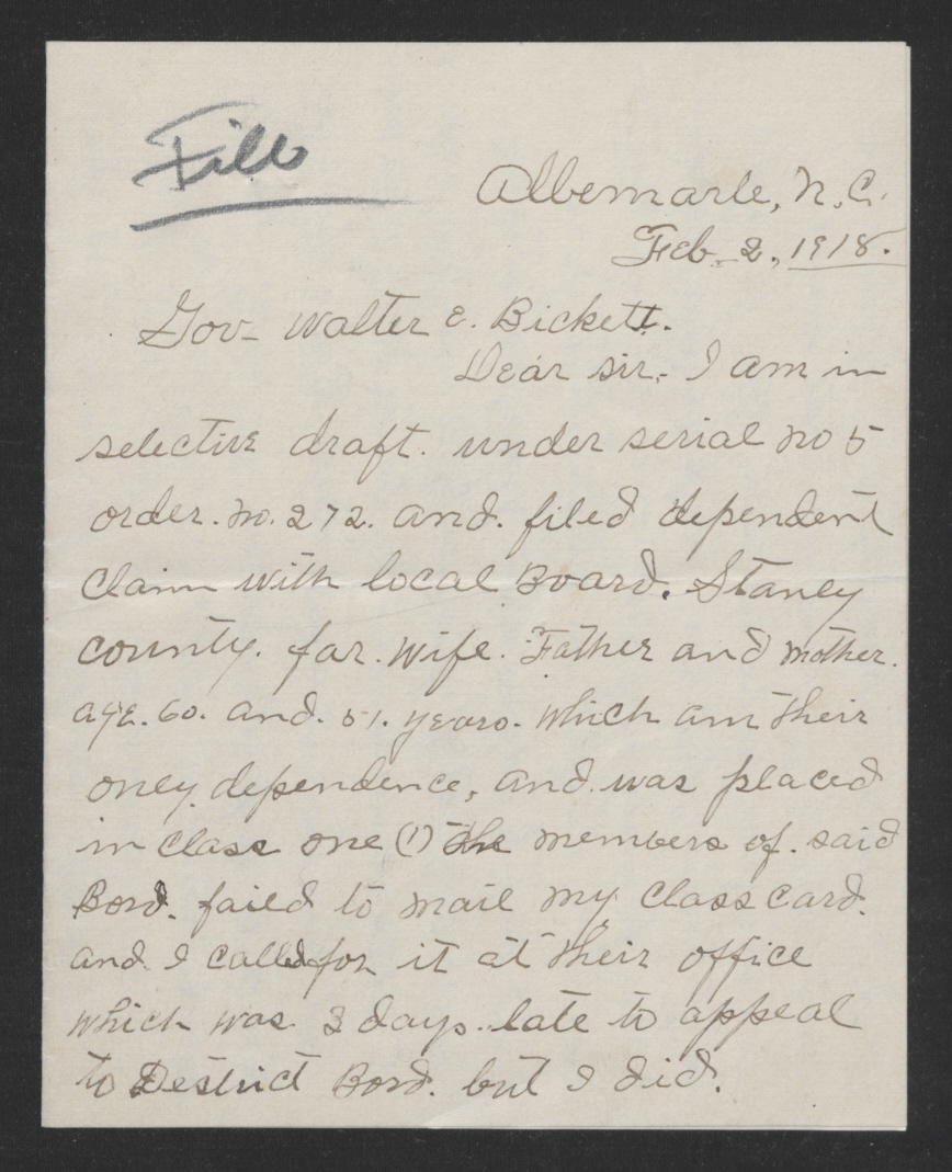 Letter from James W. Deese to Thomas W. Bickett, February 2, 1918, page 1