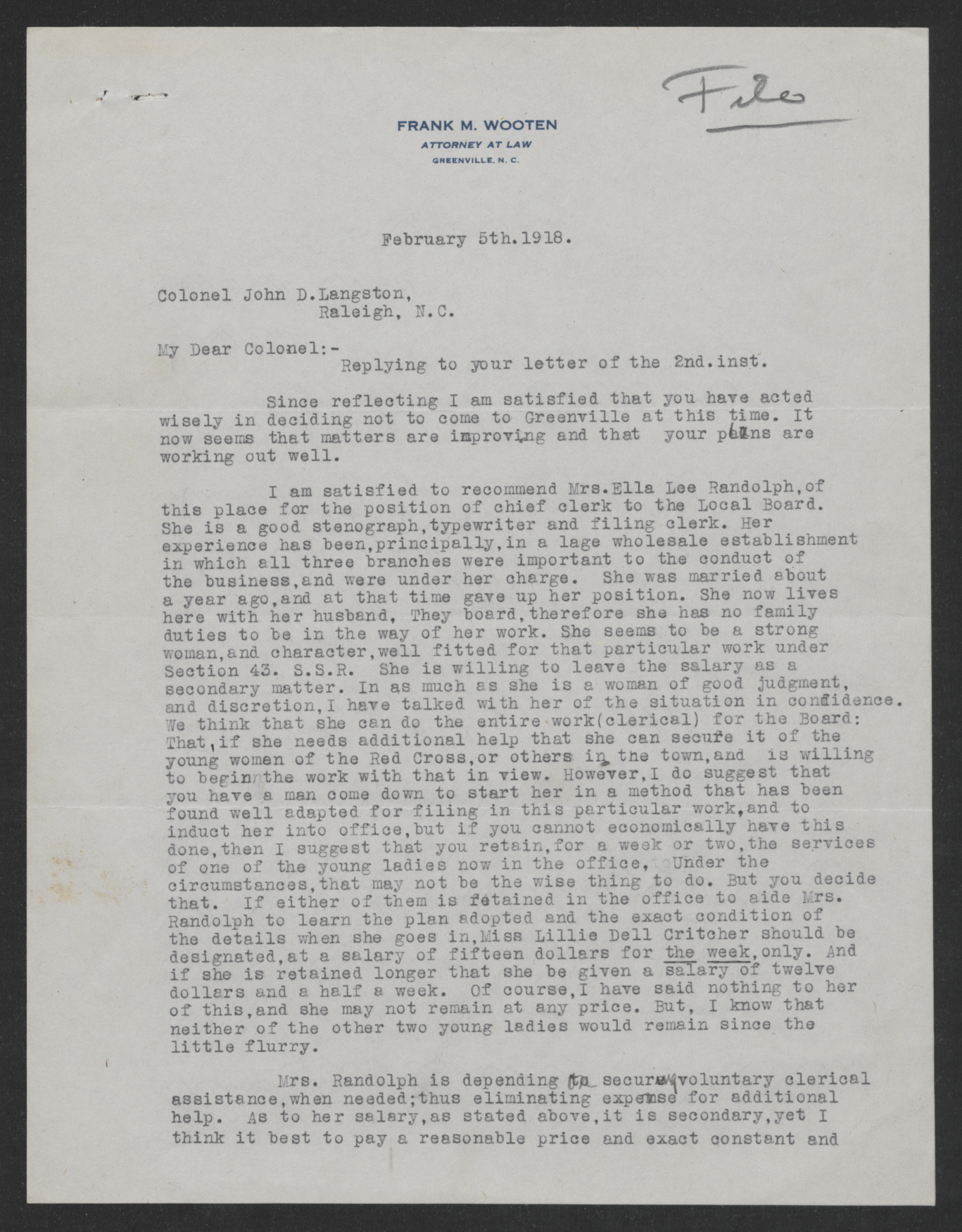 Letter from Frank M. Wooten to John D. Langston, February 5, 1918, page 1