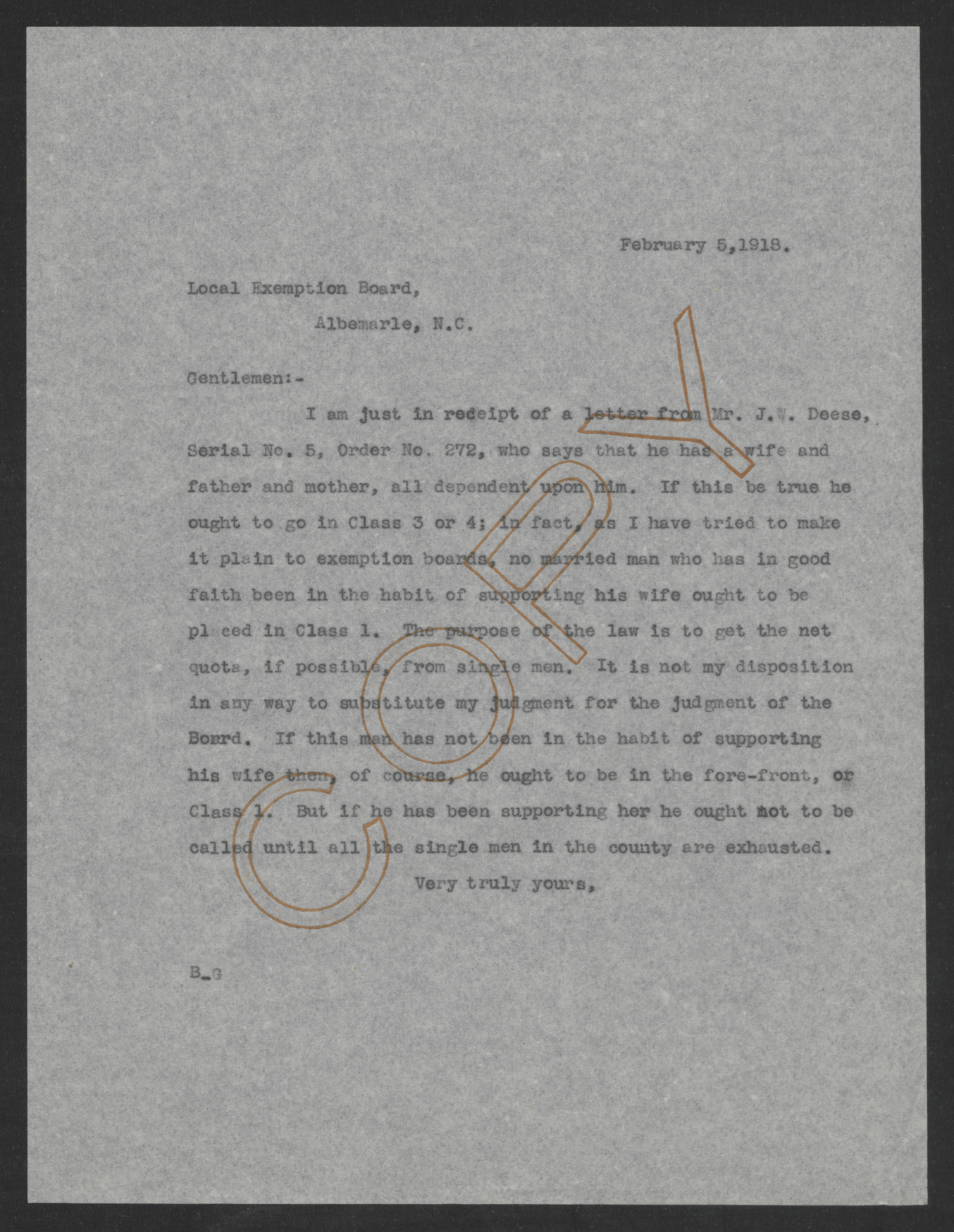 Letter from Thomas W. Bickett to the Local Exemption Board in Albemarle, North Carolina, February 5, 1918