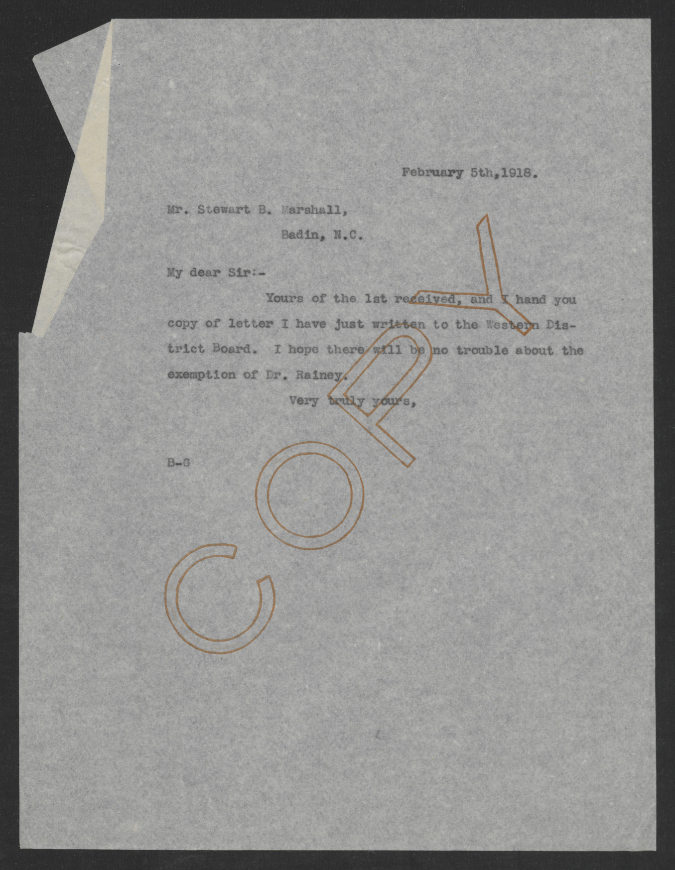Letter from Thomas W. Bickett to Stuart B. Marshall, February 5, 1918
