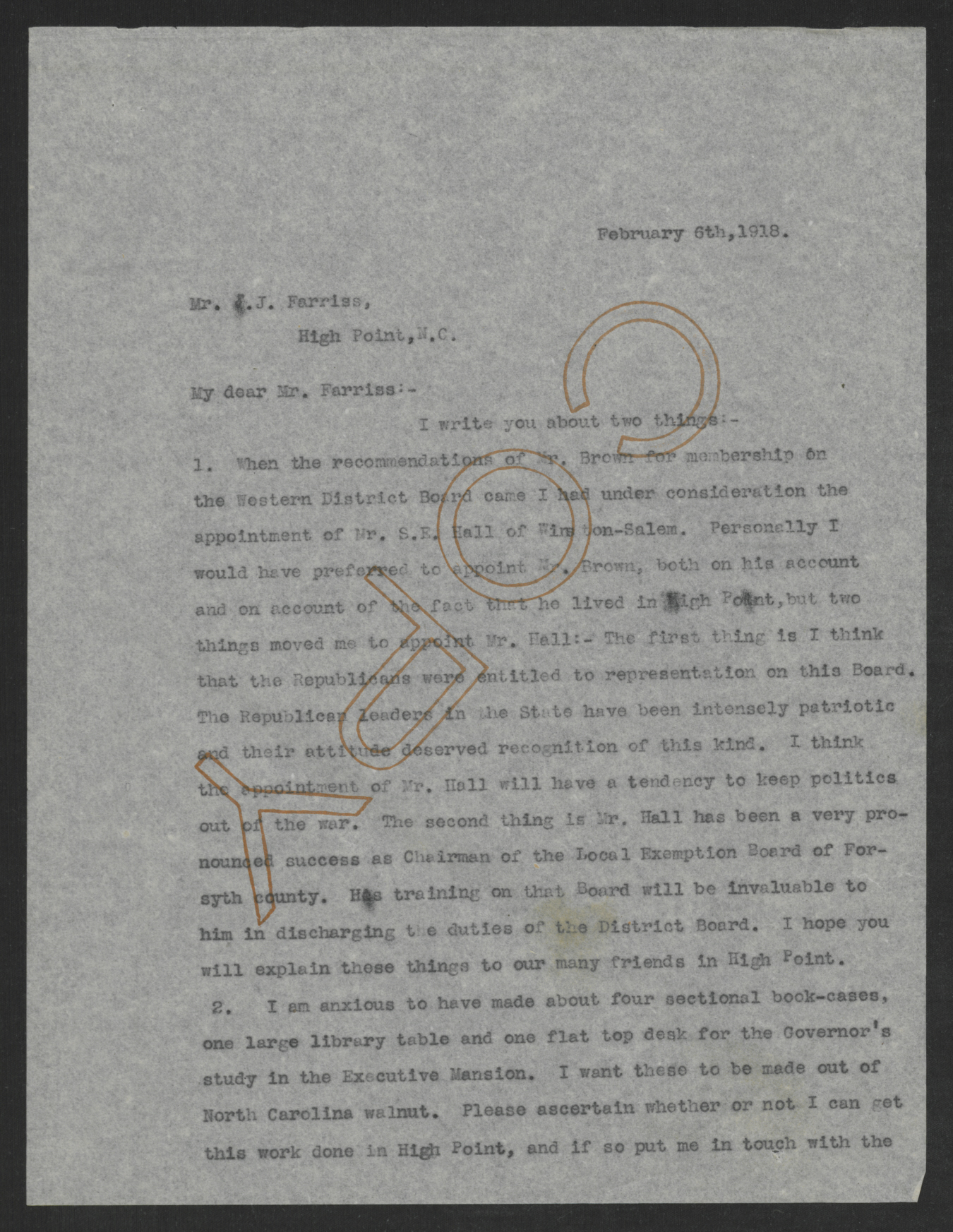 Letter from Thomas W. Bickett to Joseph J. Farriss, February 6, 1918, page 1