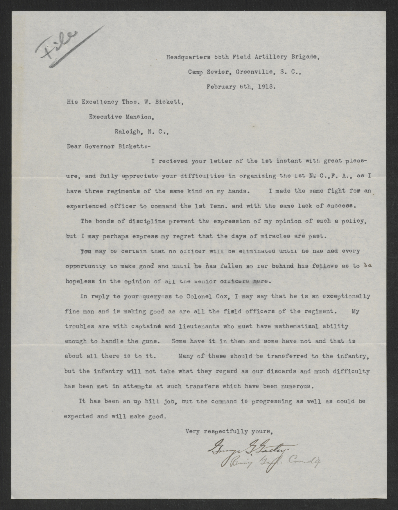 Letter from George G. Gatley to Thomas W. Bickett, February 6, 1918