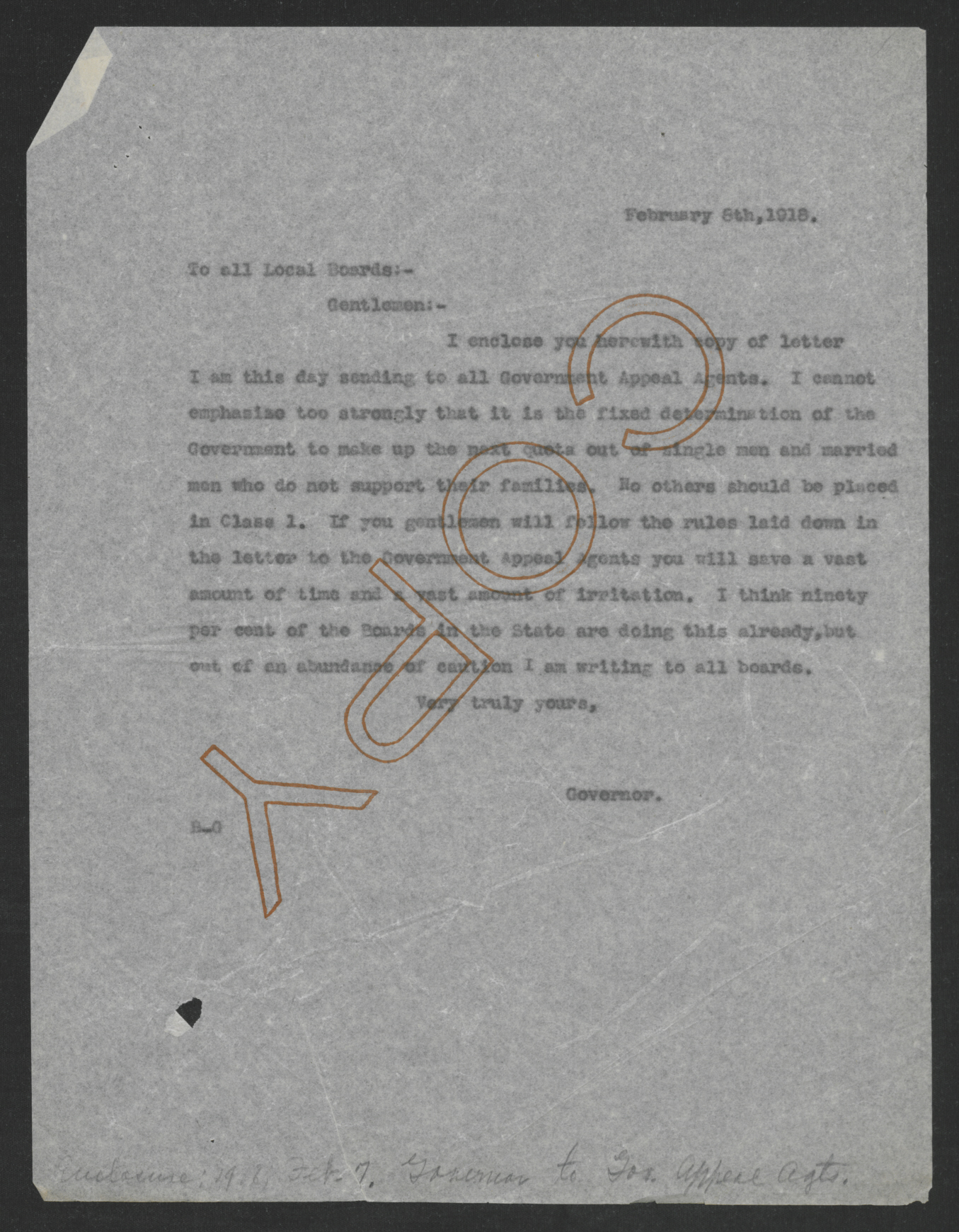 Letter from Thomas W. Bickett to All Local Boards, February 8, 1918