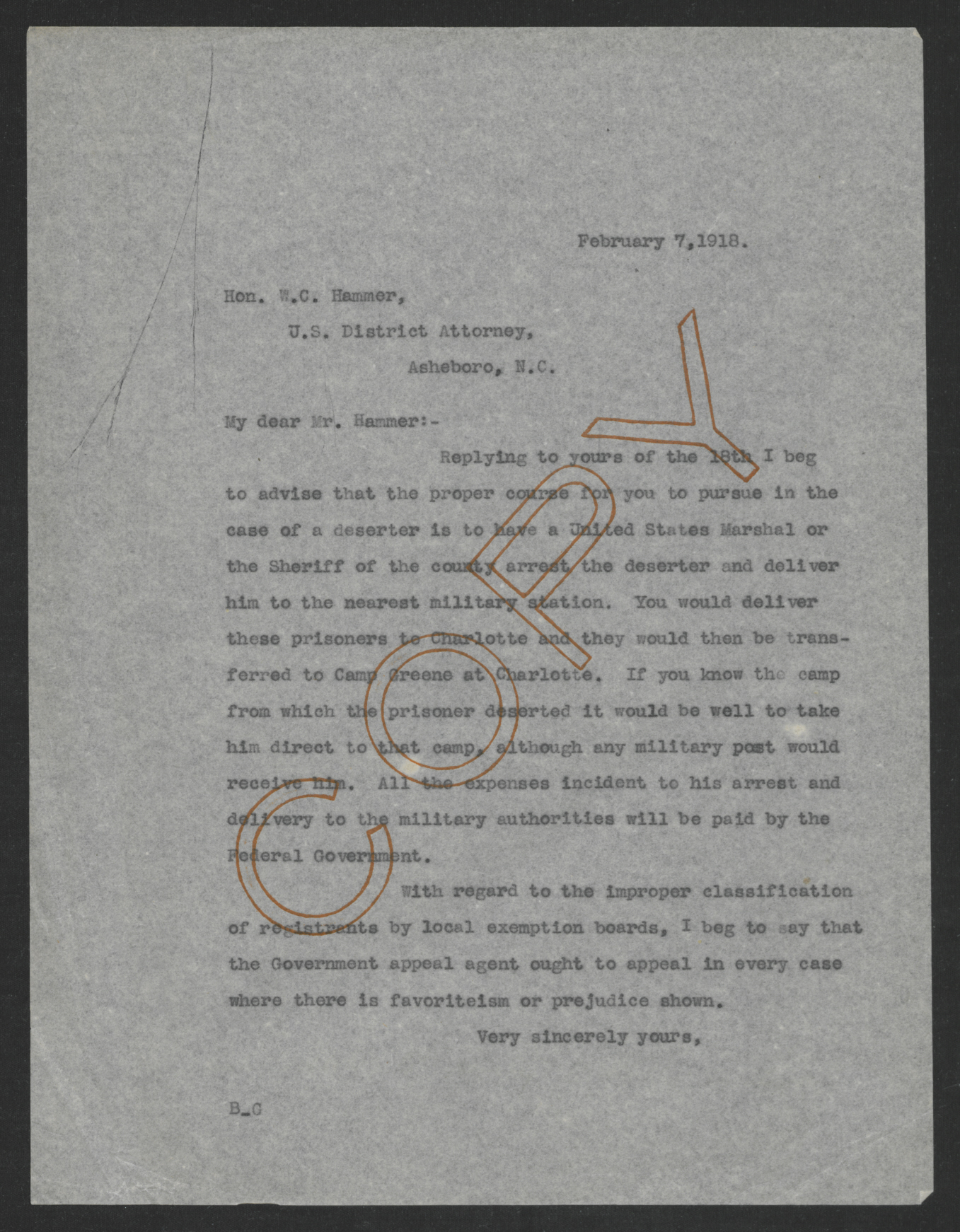 Letter from Thomas W. Bickett to William C. Hammer, February 7, 1918