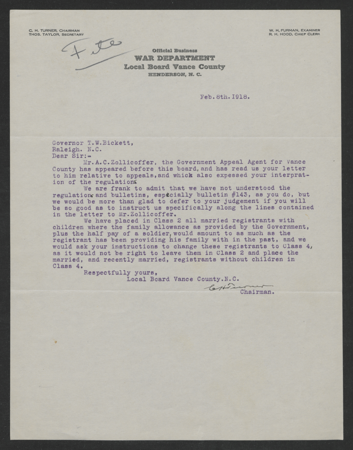 Letter from Charles H. Turner to Thomas W. Bickett, February 8, 1918