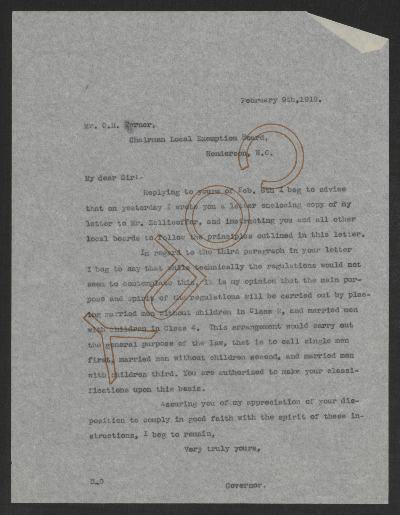 Letter from Thomas W. Bickett to Charles H. Turner, February 9, 1918