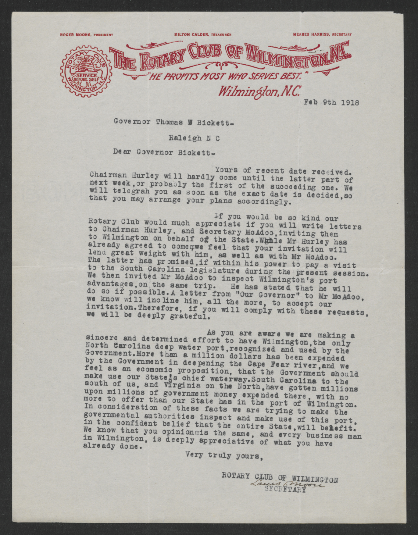 Letter from Louis T. Moore to Thomas W. Bickett, February 9, 1918