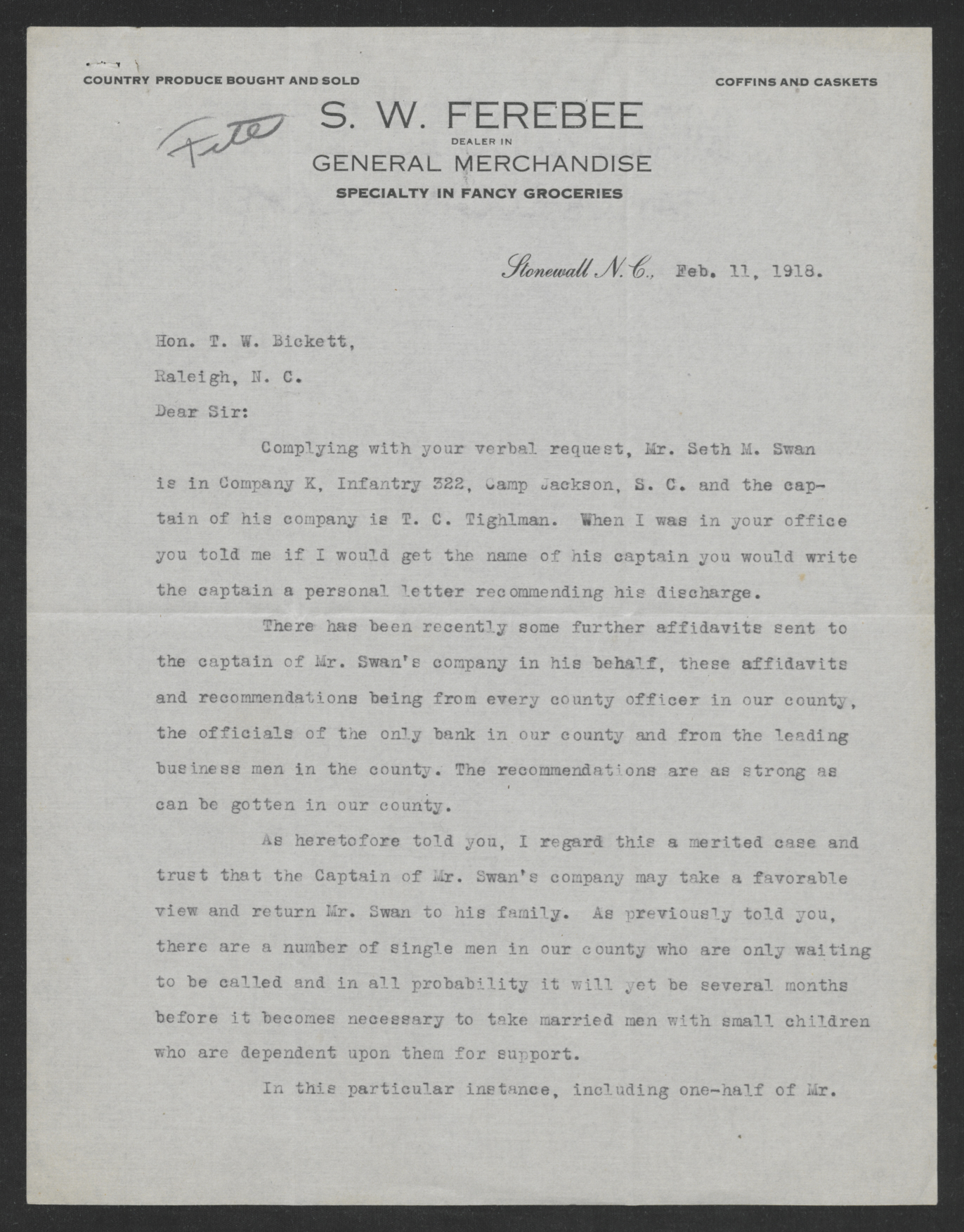 Letter from Samuel W. Ferebee to Thomas W. Bickett, February 11, 1918, page 1