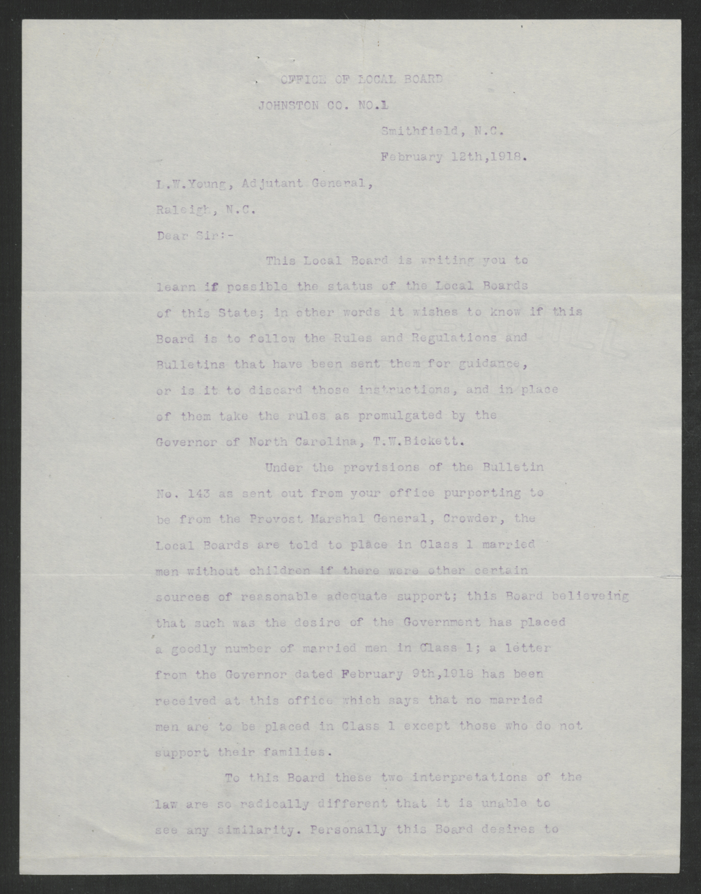 Letter from Lacy D. Wharton to Laurence W. Young, February 12, 1918, page 1