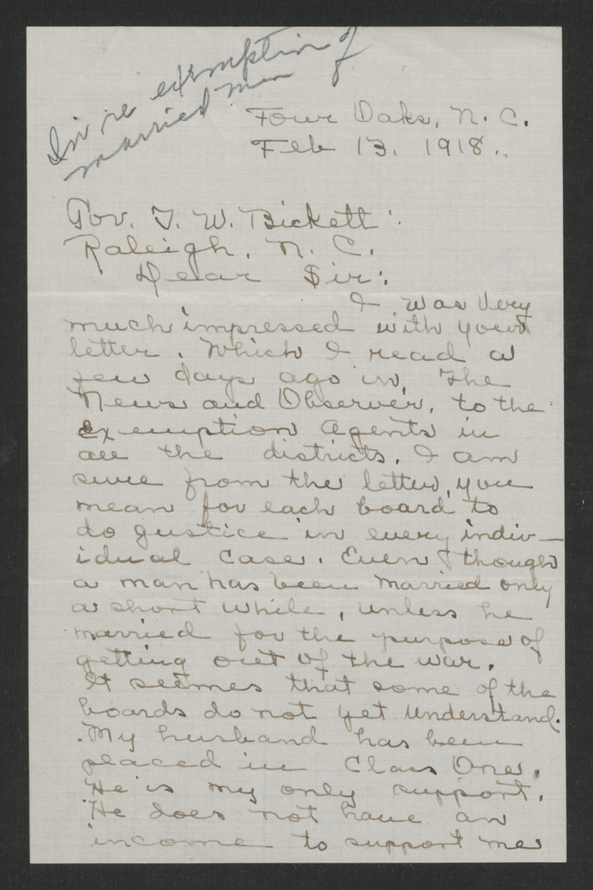 Letter from Alma F. P. Keen to Thomas W. Bickett, February 13, 1918, page 1