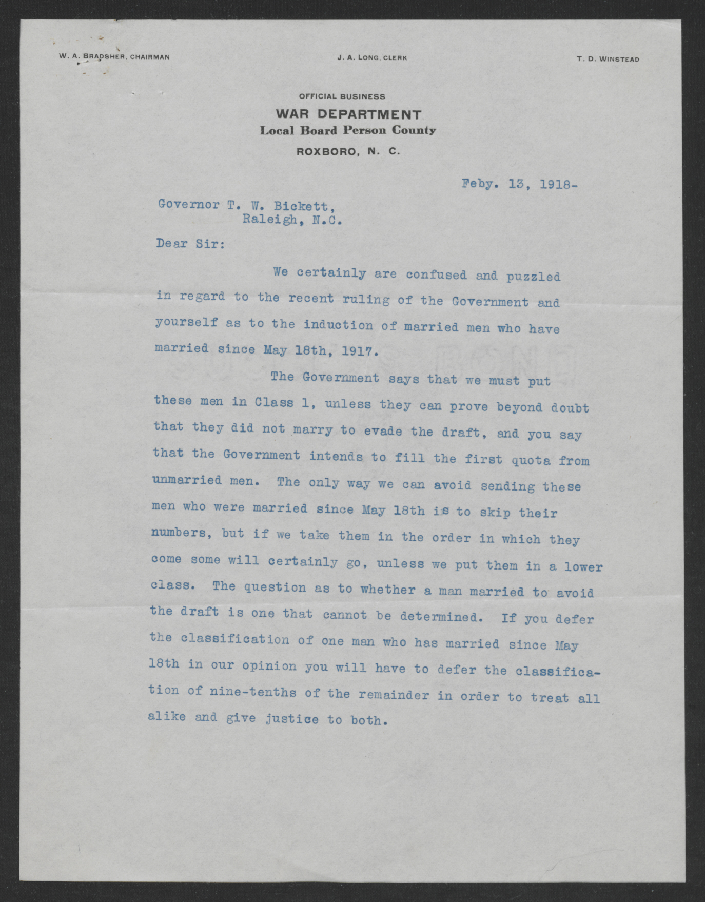 Letter from James A. Long to Thomas W. Bickett, February 13, 1918, page 1