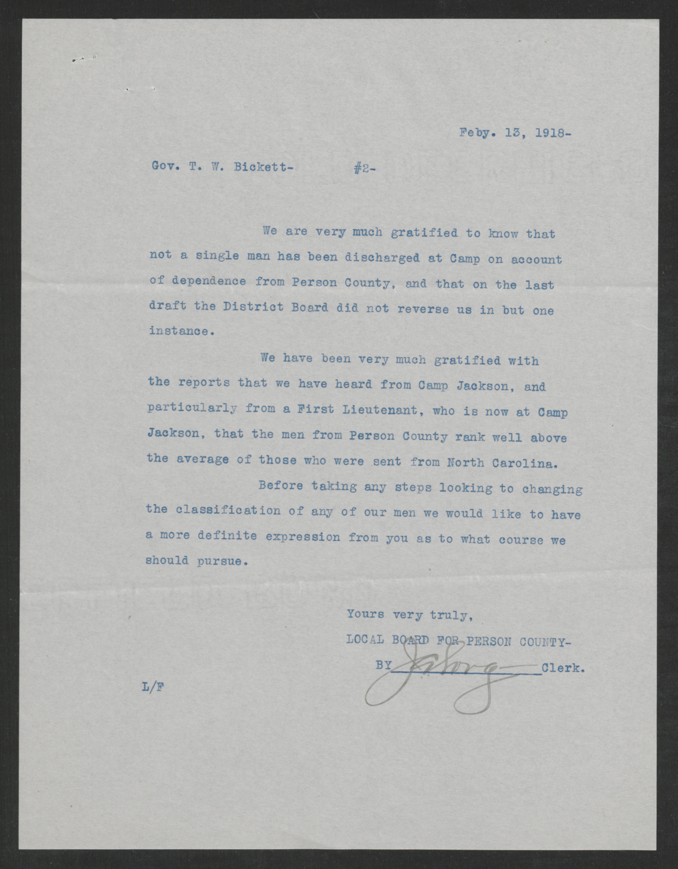 Letter from James A. Long to Thomas W. Bickett, February 13, 1918, page 2