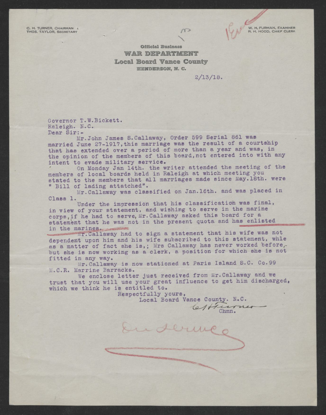 Letter from Charles H. Turner to Thomas W. Bickett, February 13, 1918