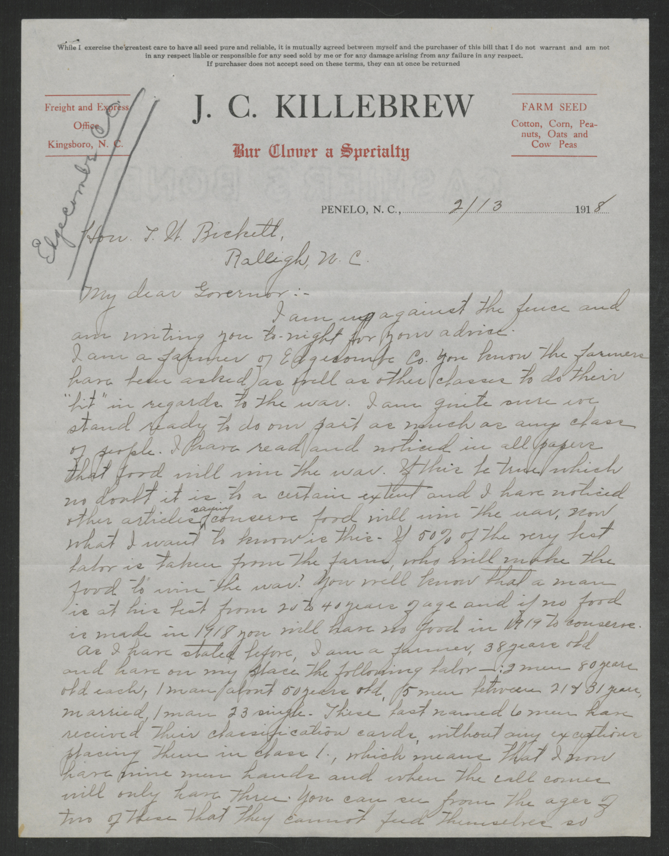 Letter from James C. Killebrew to Thomas W. Bickett, February 13, 1918, page 1
