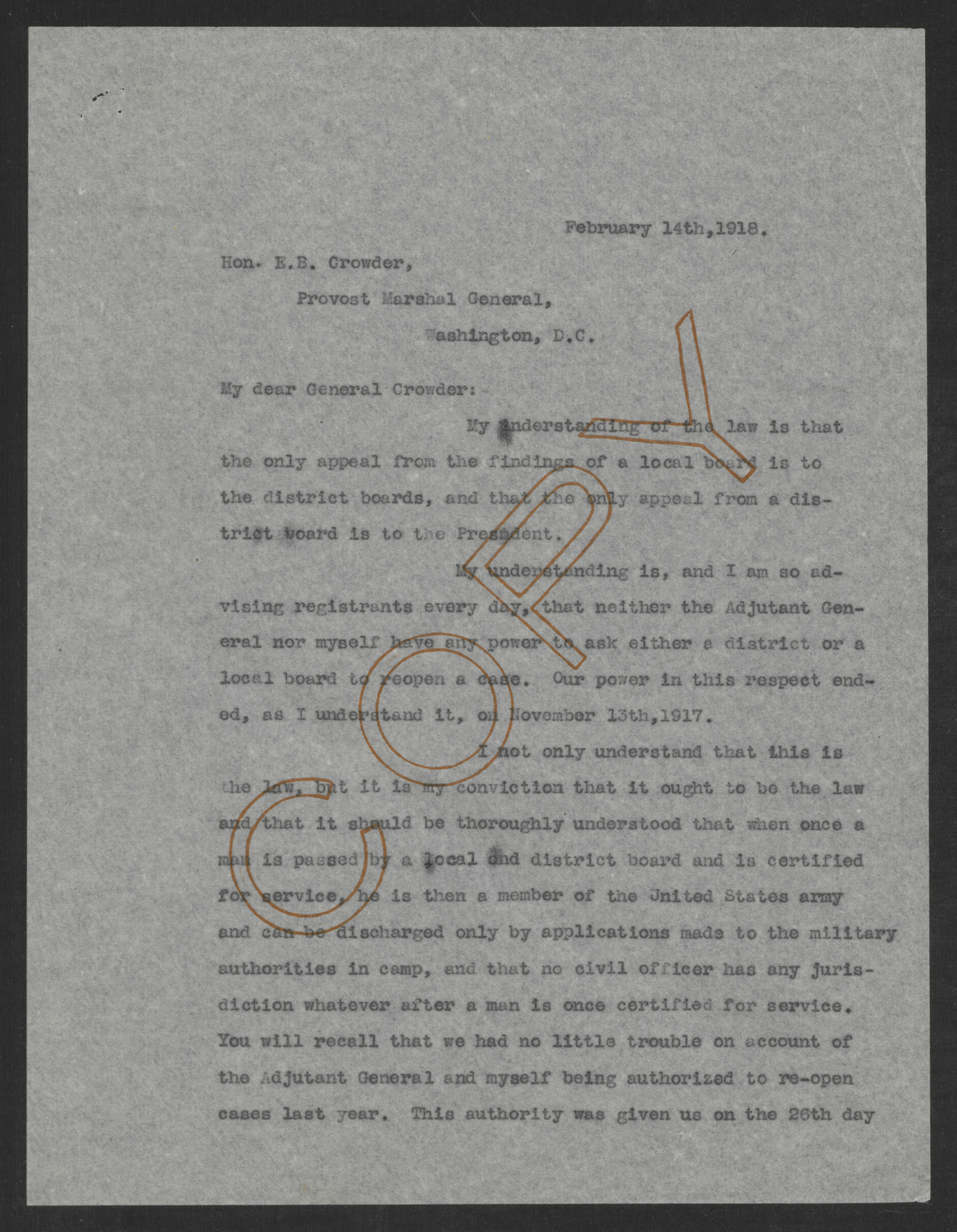 Letter from Thomas W. Bickett to Enoch H. Crowder, February 14, 1918, page 1