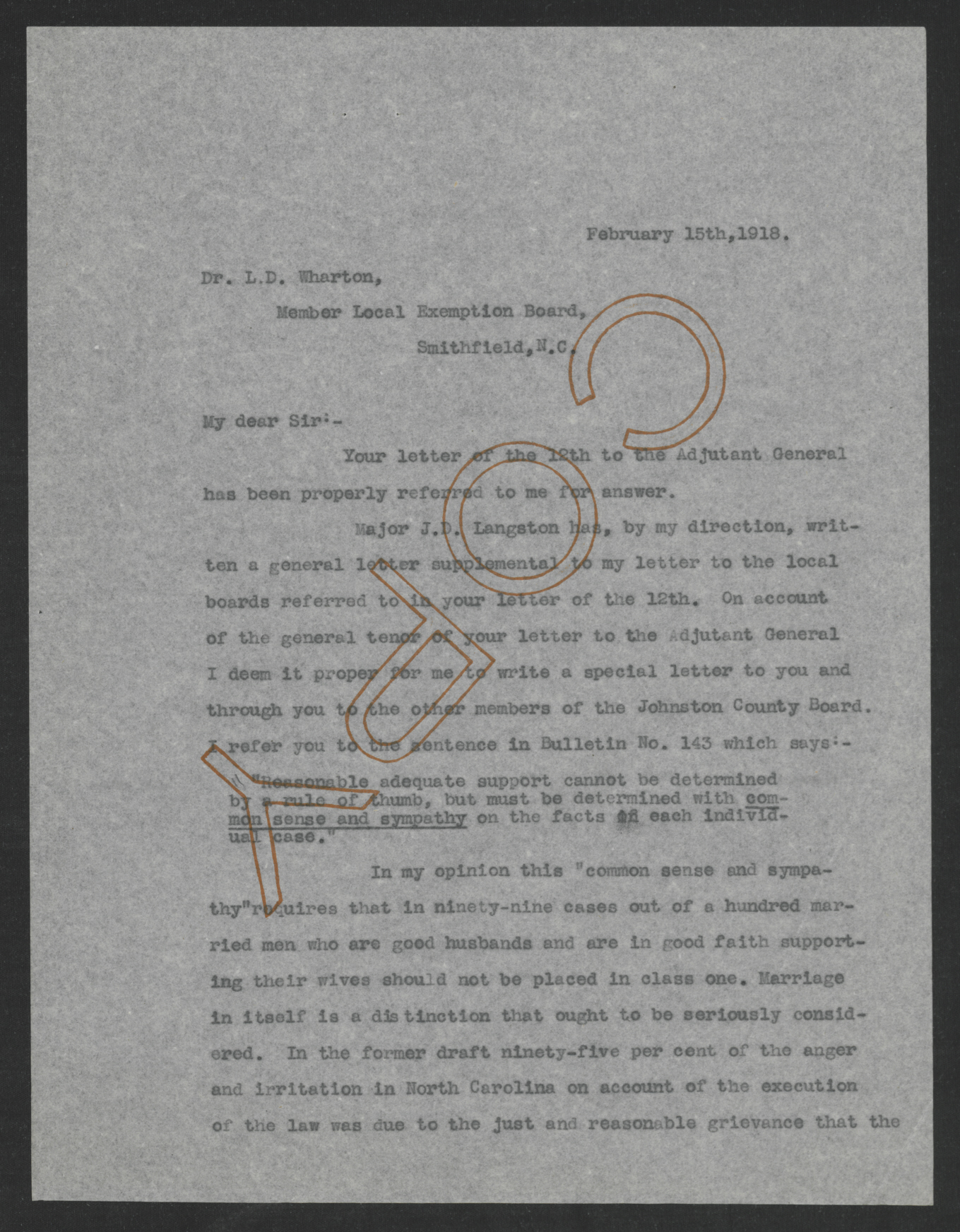 Letter from Thomas W. Bickett to Lacy D. Wharton, February 15, 1918, page 1