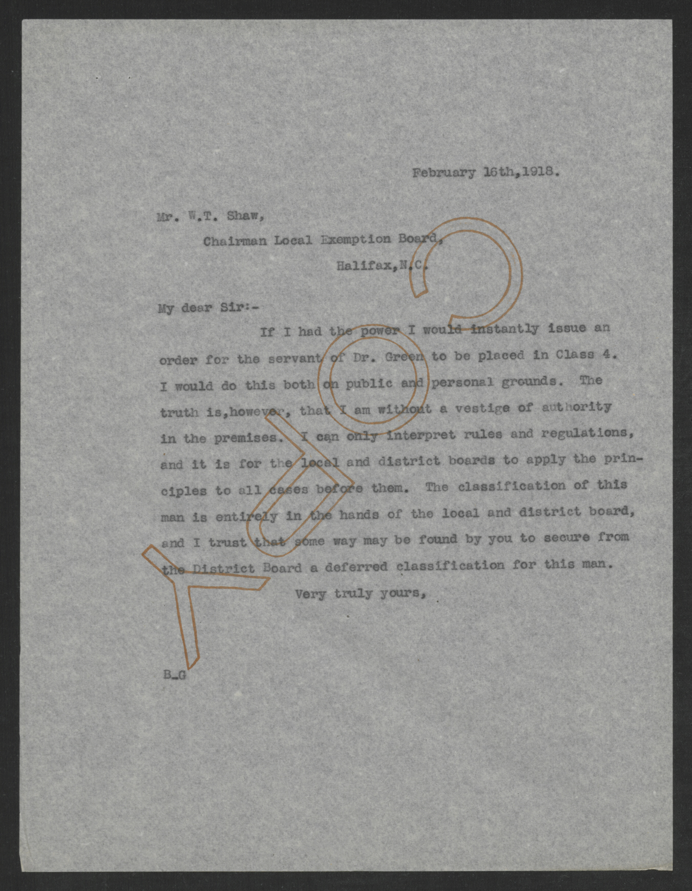 Letter from Thomas W. Bickett to William T. Shaw, February 16, 1918